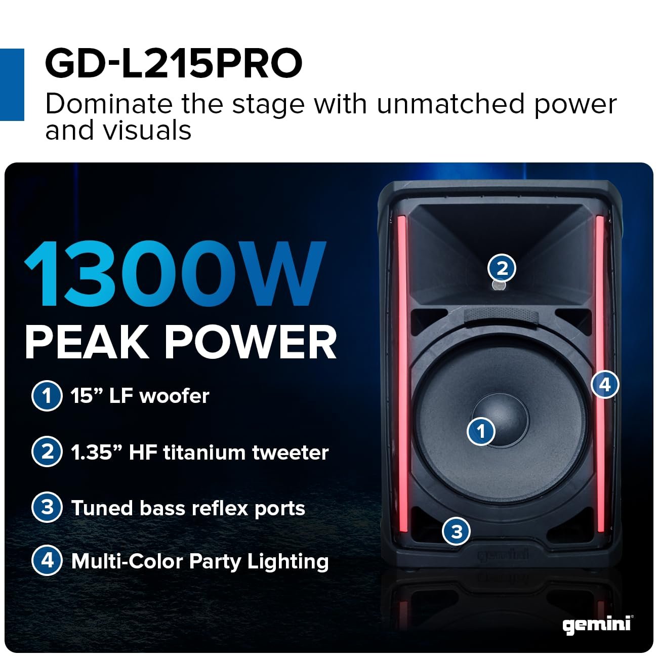 Gemini Sound GD-L215PRO - 1300W Bluetooth PA Speaker with LED Party Lights & 3-Channel Mixer - High-Power 15-Inch Woofer for DJs and Parties- User-Friendly Design for Enthusiasts