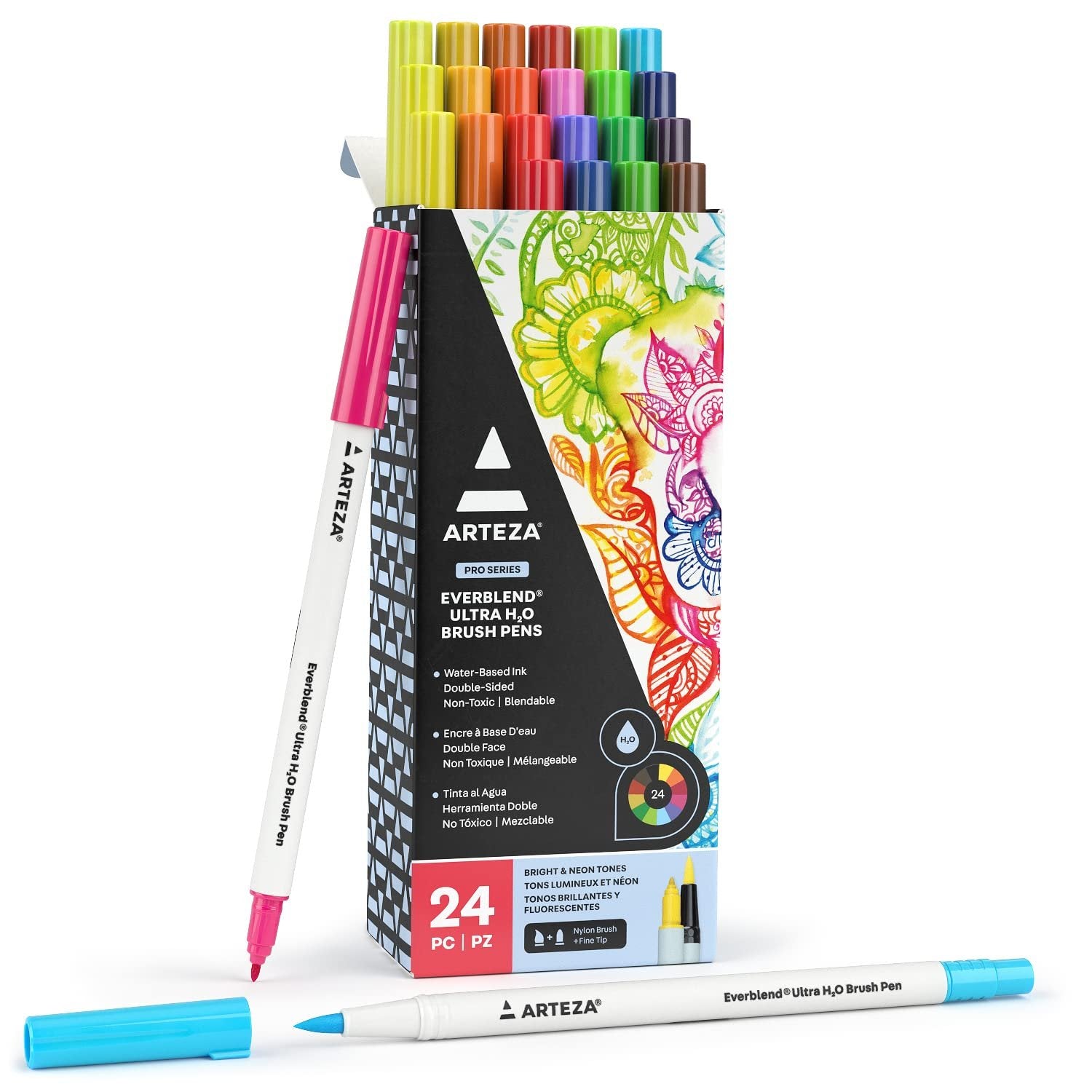 ARTEZA Dual Tip Brush Pens, 24 Watercolor Calligraphy Markers, Bright and Neon Tones, Nylon Brush and Fine Tip
