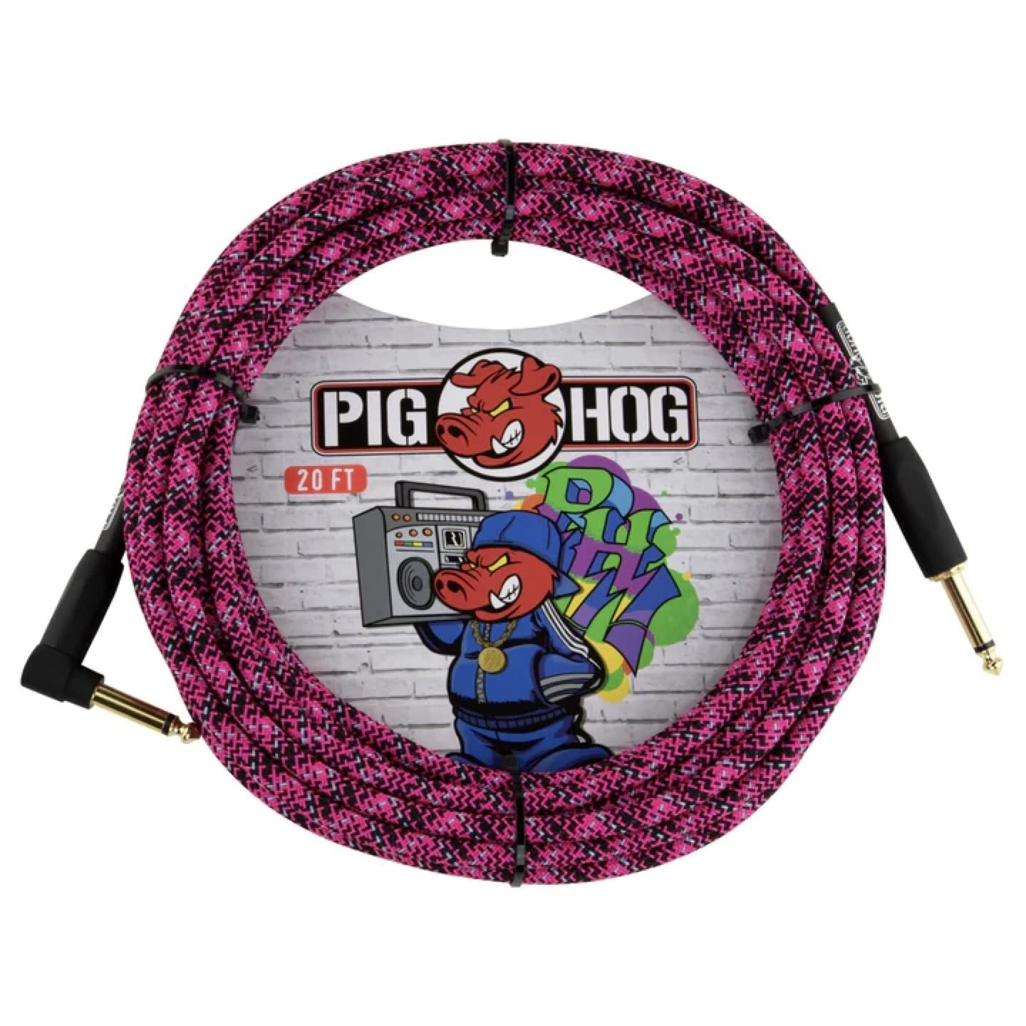 Pig Hog PCH20GPK Pink Graffiti Woven Instrument Cable, 20 ft Right Angle