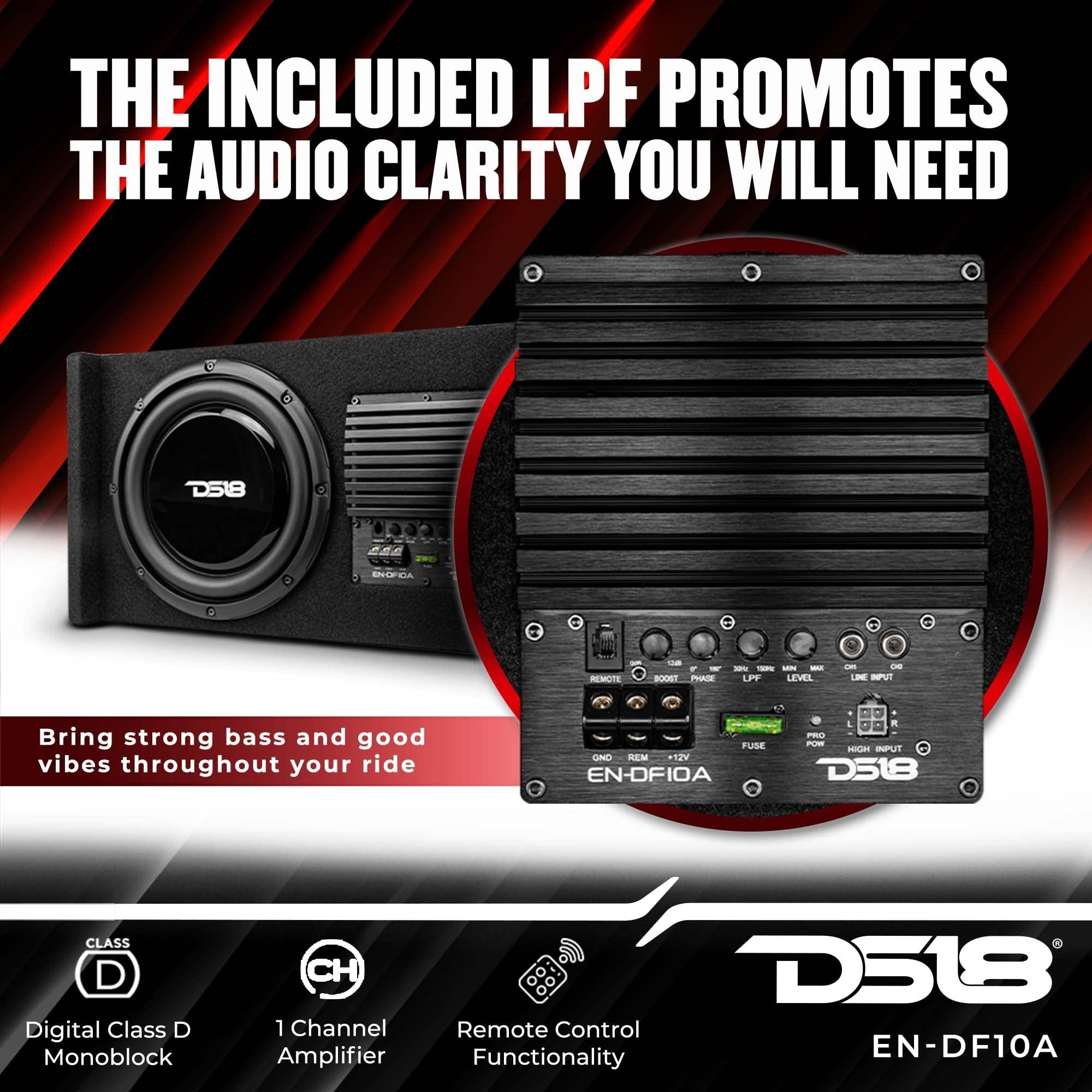 DS18 EN-DF10A 10" Amplified Thin Shallow Down-Firing Subwoofer Enclosure 500 Watts - Powered Subwoofer Box Compact Sealed Design for Car & Trucks