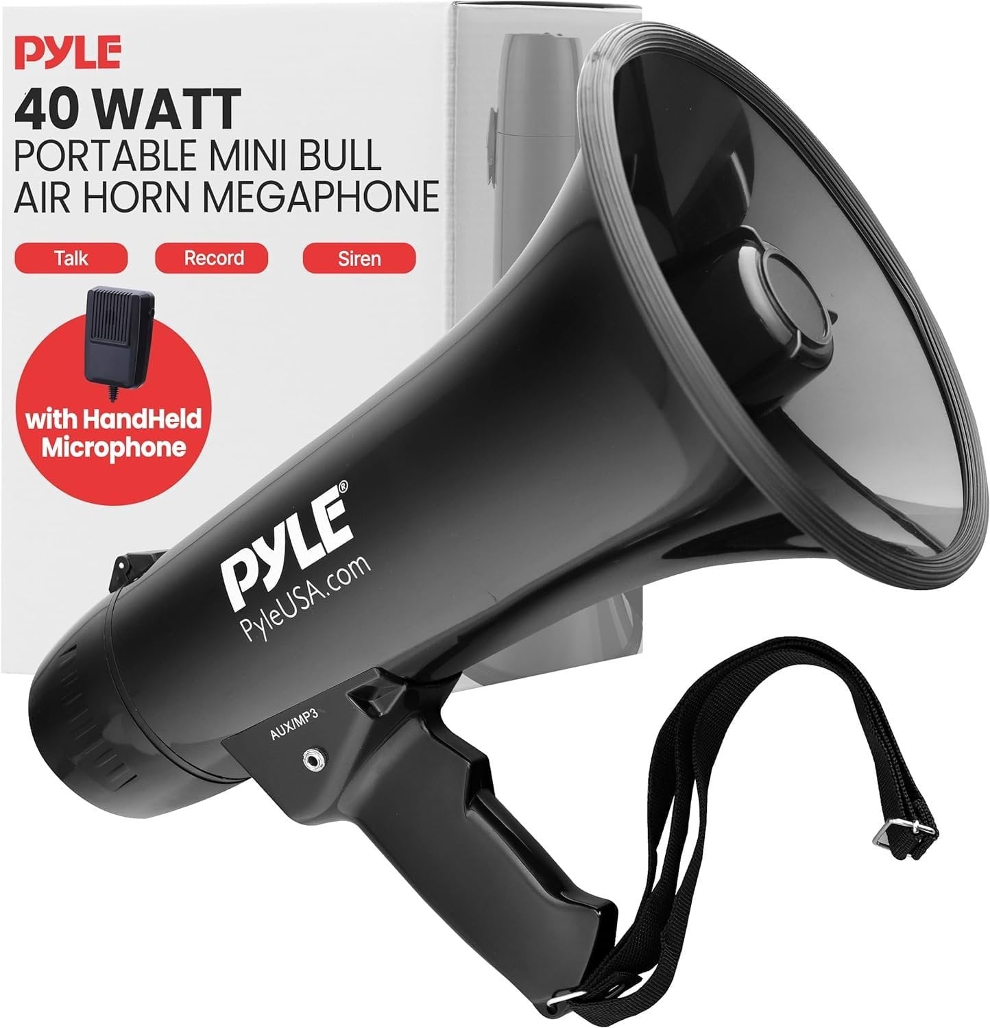 Pyle Portable Megaphone Speaker PA Bullhorn - Built-in Siren, 40W Adjustable Vol Control & 1000 Yard Range, Ideal for Any Outdoor Sports, Cheerleading Fans Coaches & Safety Drills, Black - PMP43IN