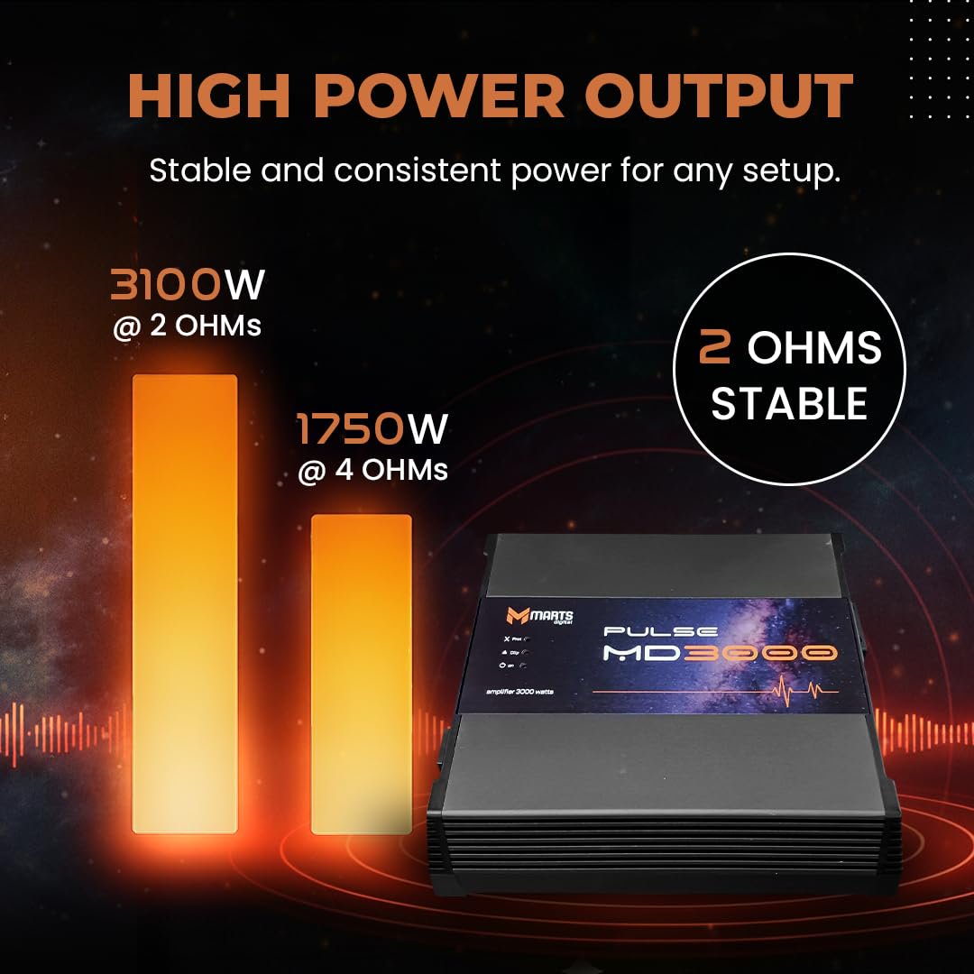 Marts Digital MD3000 | Class D Full Range 2-Ohm Car Amplifier | 3000W RMS Power with Thermal Protection Fan | RCA Input Connectivity | Adjustable HPF LPF Gain and Bass Boost