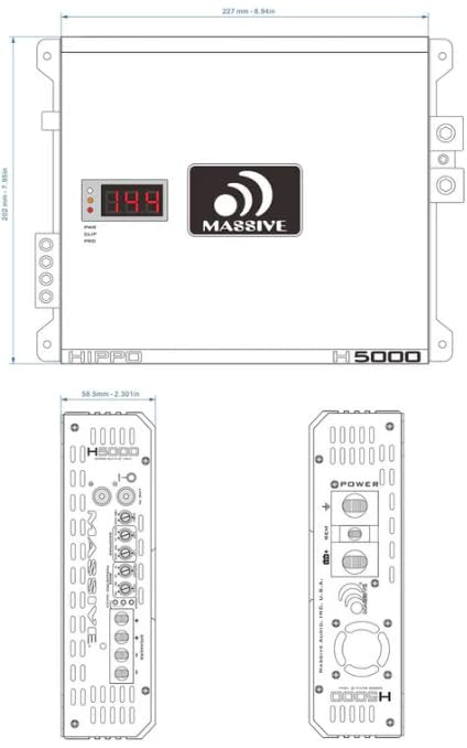 Massive Audio H5000 | 5,000W RMS 1-Ohm Monoblock – Class D SPL Amp, Extreme Bass Power, Dual Power Inputs, Competition-Grade Car Audio - Hippo Series Amplifier