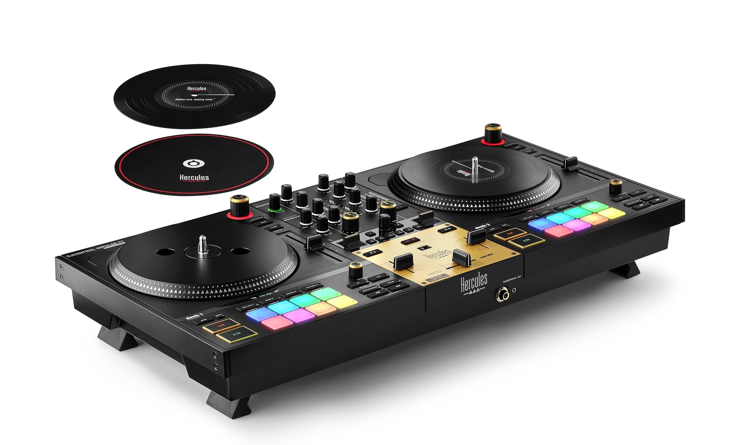 Hercules DJControl Inpulse T7 Premium Edition with Gold-Colored Accents, Built-In Premium Fader Module, USB Connectivity, and 7-Inch Motorized Jogwheel Platter