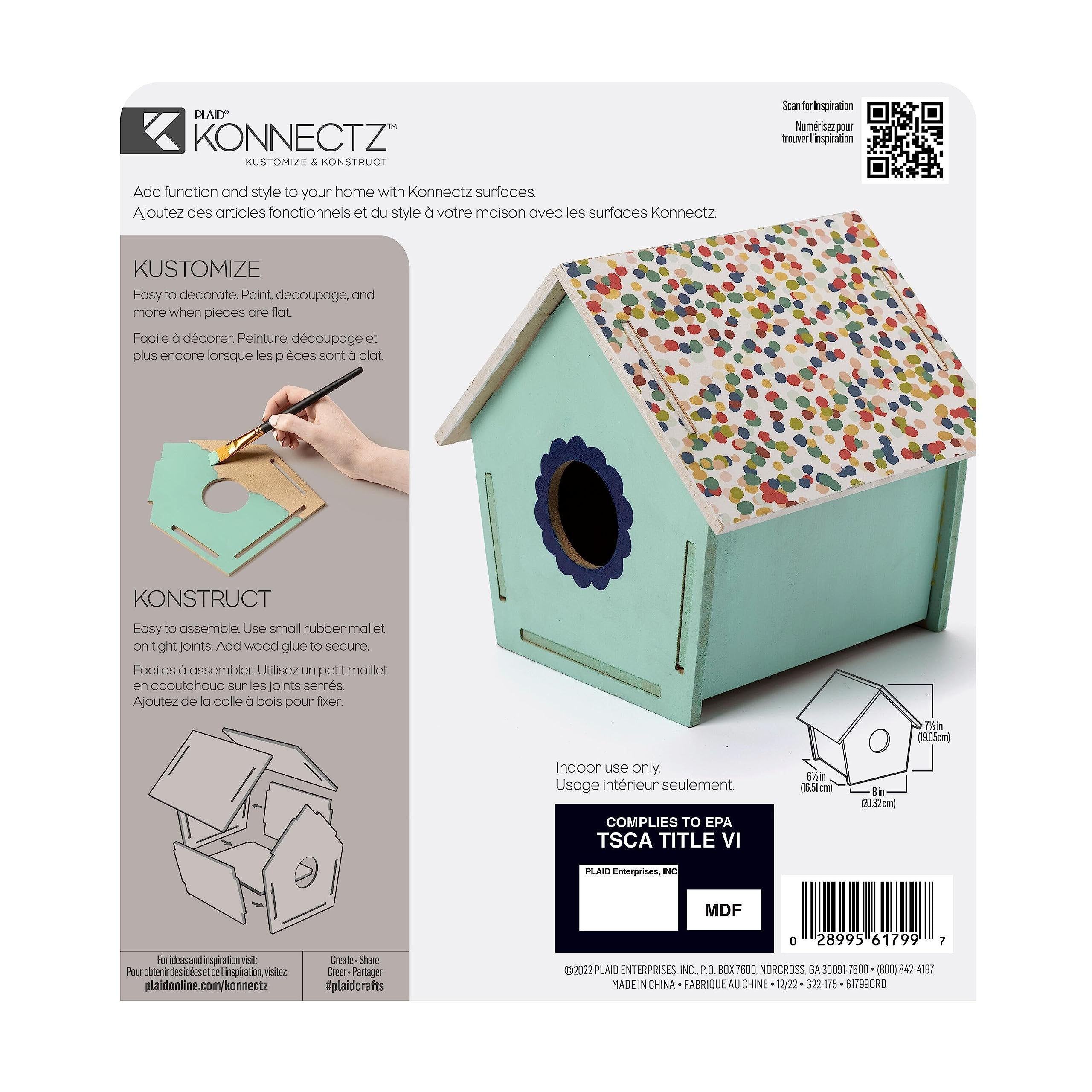 Plaid Birdhouse, Konnectz Unfinished, Easy to Assemble Wood Surface Perfect for DIY Arts and Crafts Projects, 61799