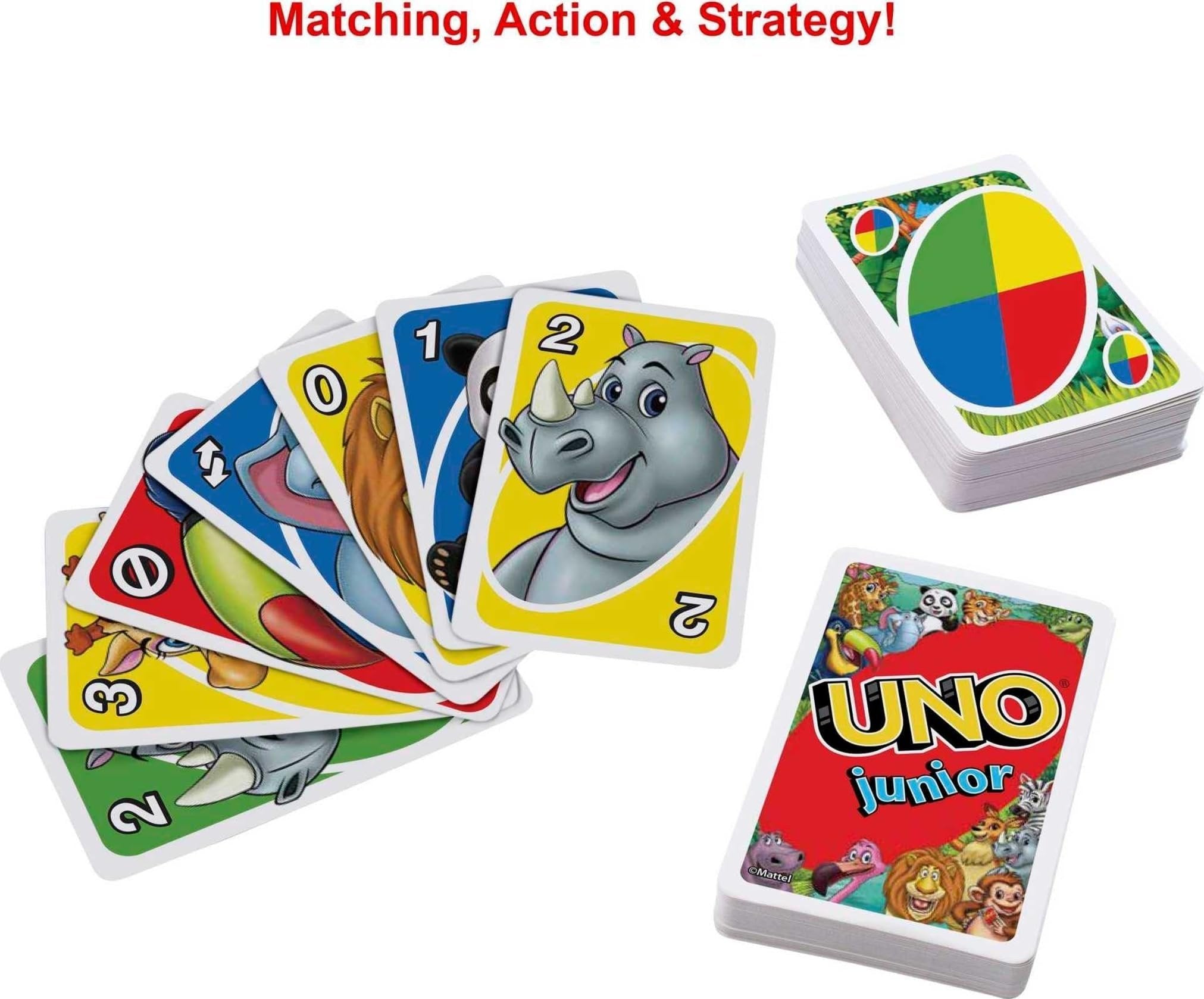 Mattel Games UNO Junior Card Game for Kids with Simple Rules, Levels of Play and Animal Matching for 2-4 Players
