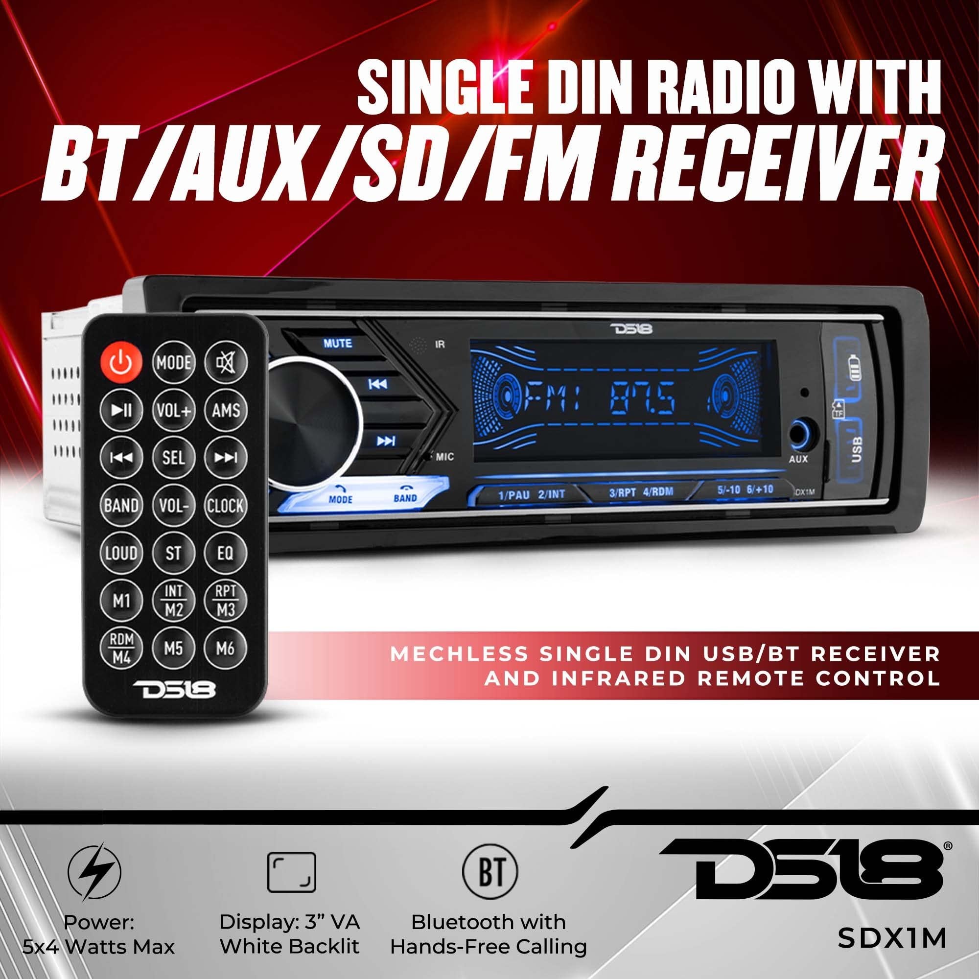 DS18 SDX1M Multimedia Car Stereo Built in Bluetooth 7 Volt Preouts- Single Din Mechless Digital Media Receiver Dual USB SD AUX Input AM FM Car Radio Remote Quick Charge Hands Free