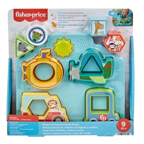 Fisher-Price Baby Sorting Toy Shapes & Sounds Vehicle Puzzle with Music & Lights for Fine Motor Play, Ages 9M+