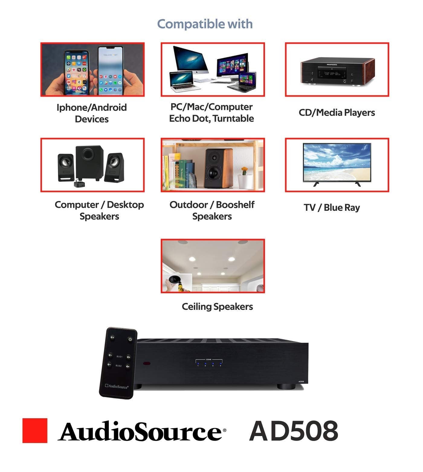AudioSource Digital Amplifier, 8 Channels Stereo Versatility D Amplifier AD508 for Home Sound Systems