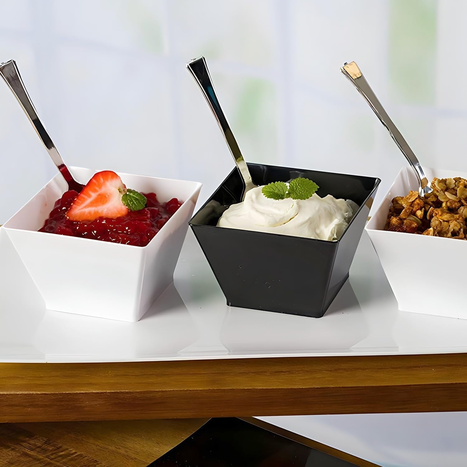 Lillian Tablesettings Plastic 8 oz Rectangles Servingware | Pack of 20 Party Bowls, 3.5 x 3.5 x 1.75 inches, Pearl/White