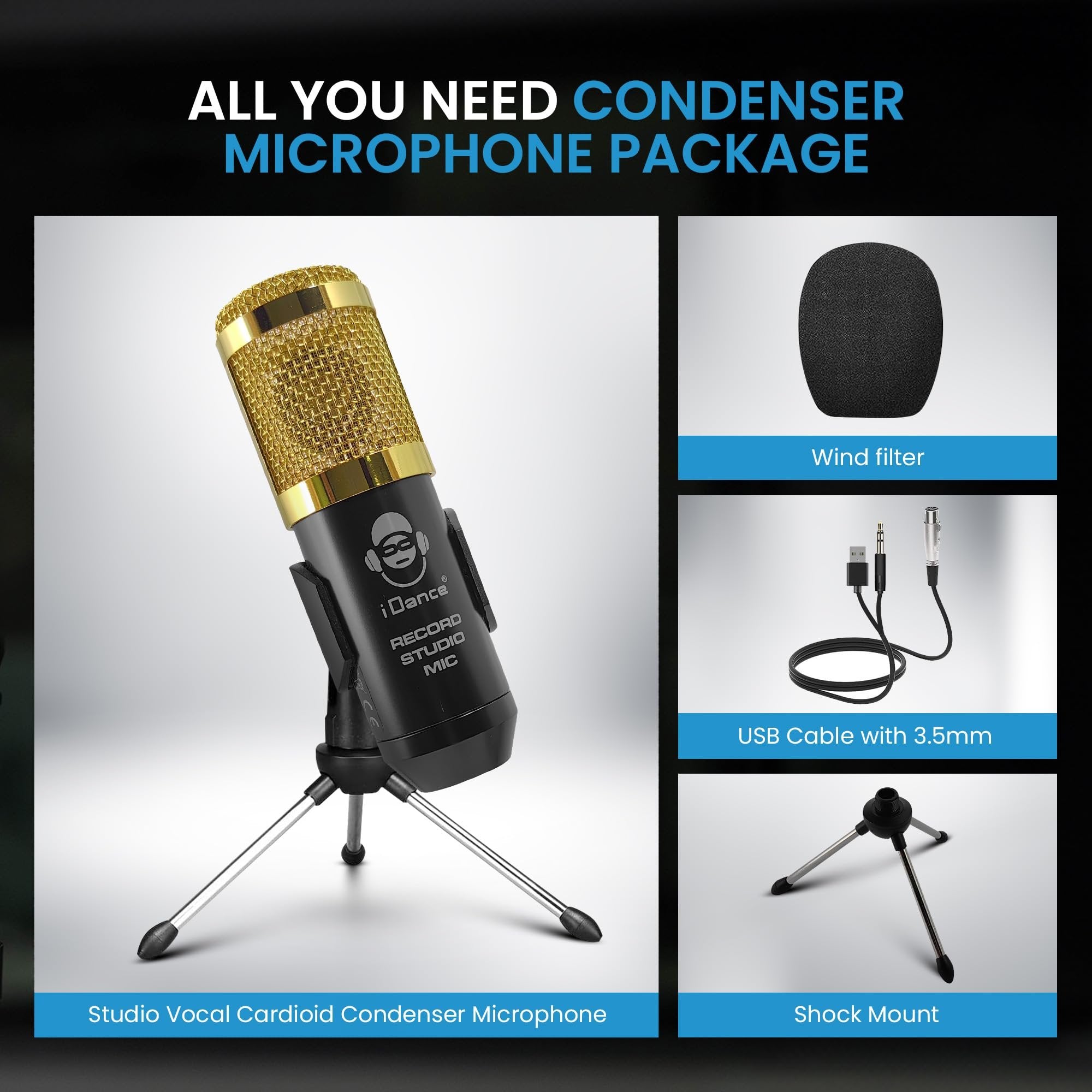 iDance Professional Vocal Transducer Condenser Microphone, Plug & Play Studio Recording Microphone for PC Computer, Gaming, Podcast, Broadcast Streaming, and YouTube, Multipurpose USB Condenser