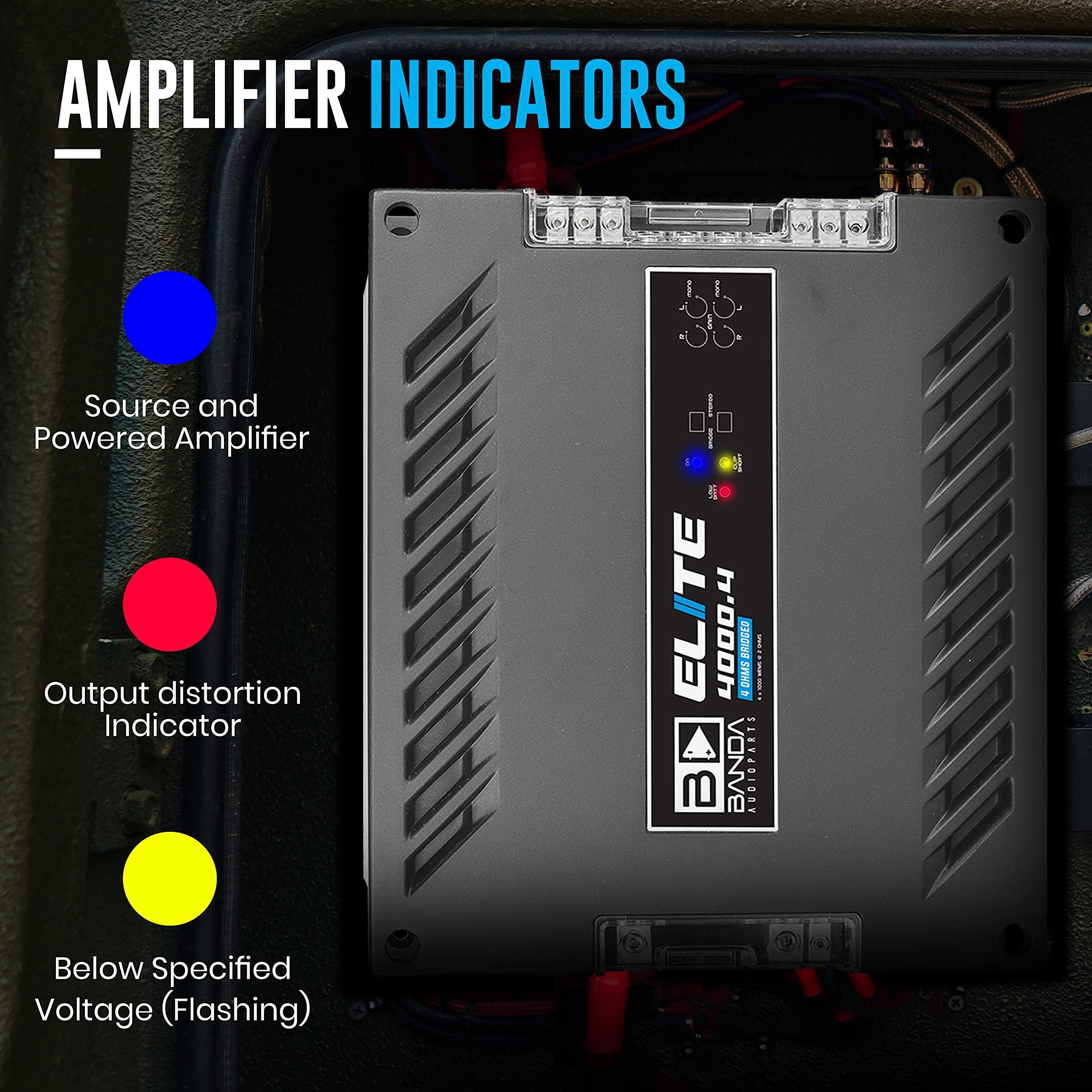 Banda 4-Channel Vehicle Audio Bass Amplifier - 1000 Watts Max High-Powered Mono Bass Amplifier Subsonic Filter and Low Pass Filter Stable at 1 ohm, LED Indicators, Sound Specialization - 4000.41OHM