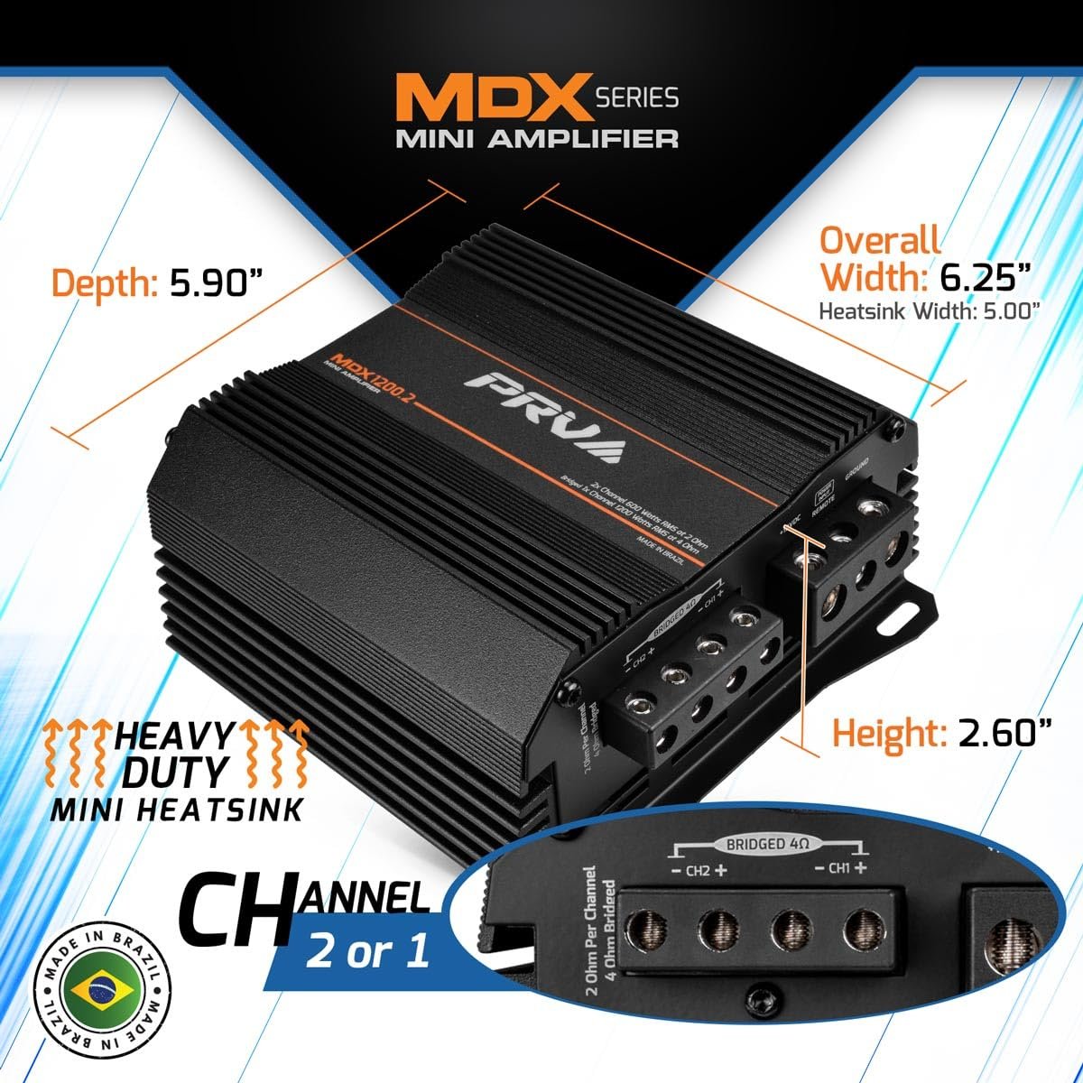 PRV Audio MDX1200.2 2 Ohm Mini 2 Channel Car Audio Amplifier 2X 600 Watts RMS at 2 Ohm - Bridged 1CH 1200 Watt at 4 Ohm for Powersports, Motorcycles, ATV, for High Power Stereo Speaker Systems