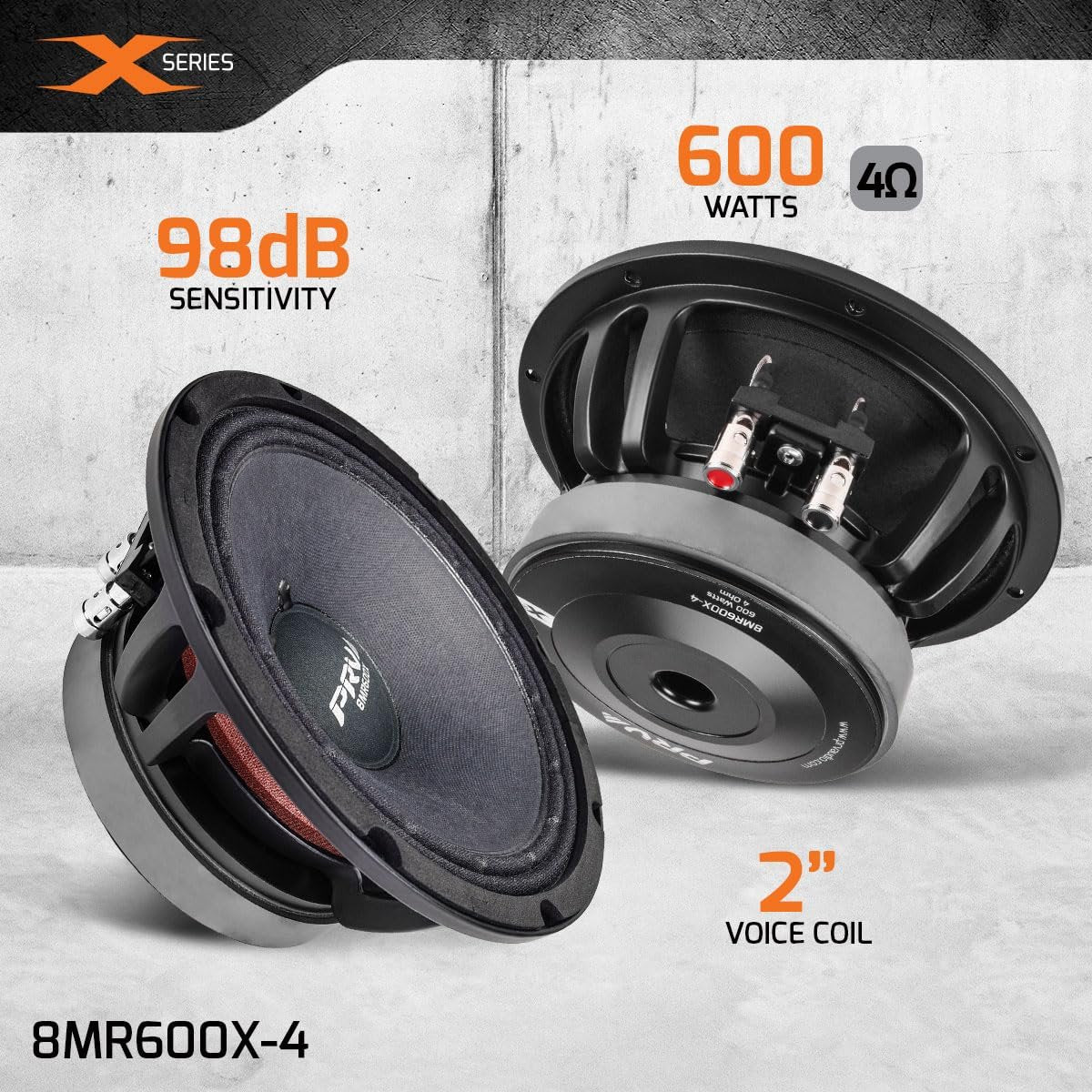 PRV AUDIO 8 Inch Midrange Speaker 8MR600X-4, 600 Watts 4 Ohm, 2 in Voice Coil, X-treme Mid Range Loudspeaker for Pro Car Audio Systems (Single)