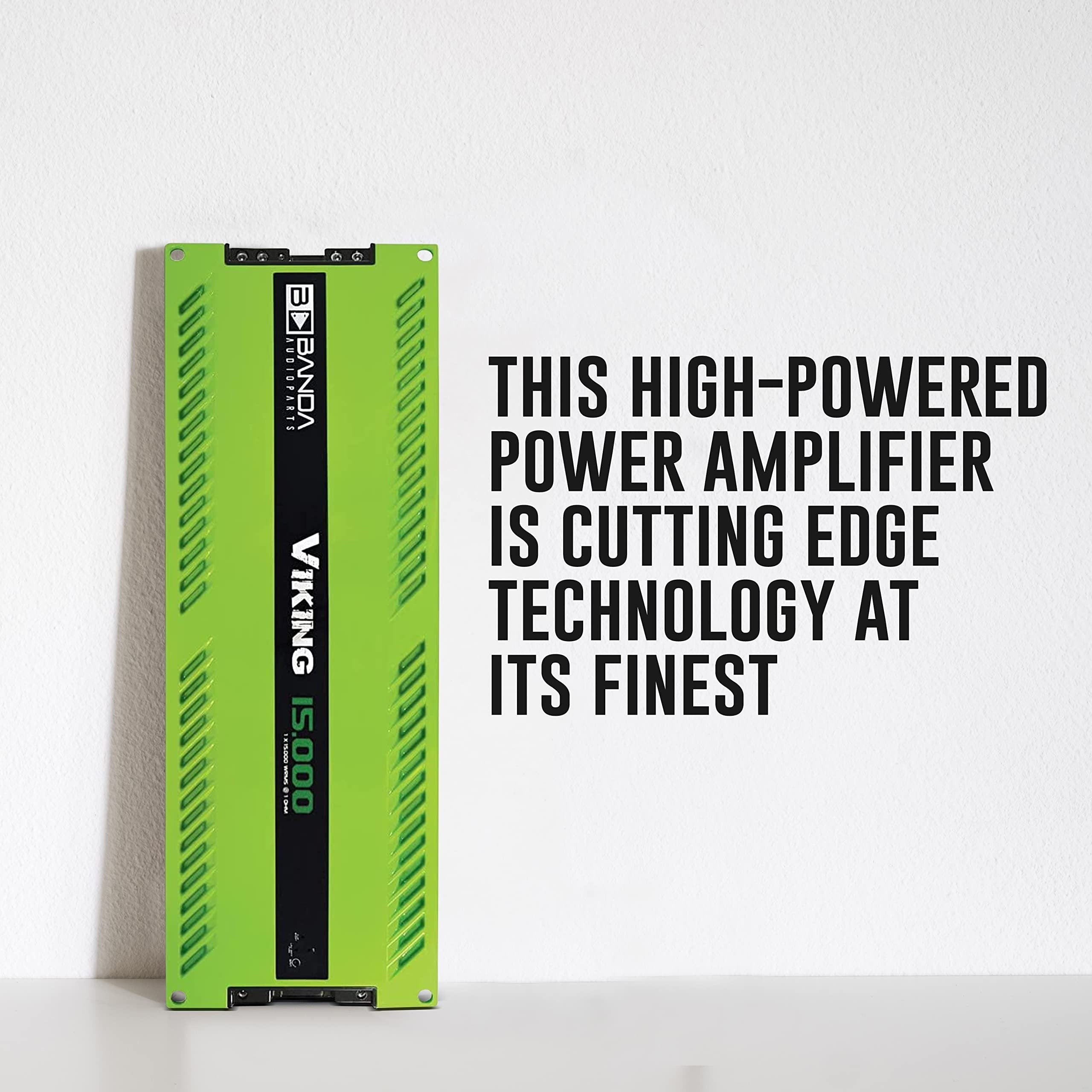 Banda Audioparts 1-Channel Vehicle Audio Bass Amplifier High Powered Mono Bass Amplifier w/Subsonic Filter & Low Pass Filter Stable at 1ohm,LED Indicators,Sound Specialization,Green-VIKING15000GREEN