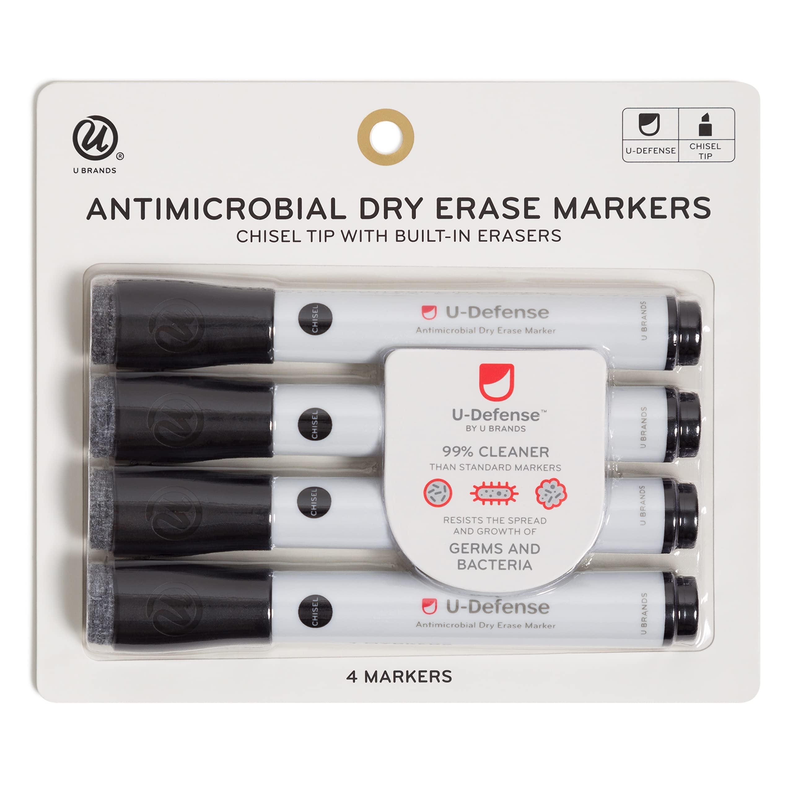 U Brands U Defense Dry Erase Markers, Office Supplies, Chisel Tip, Black, 4 Count