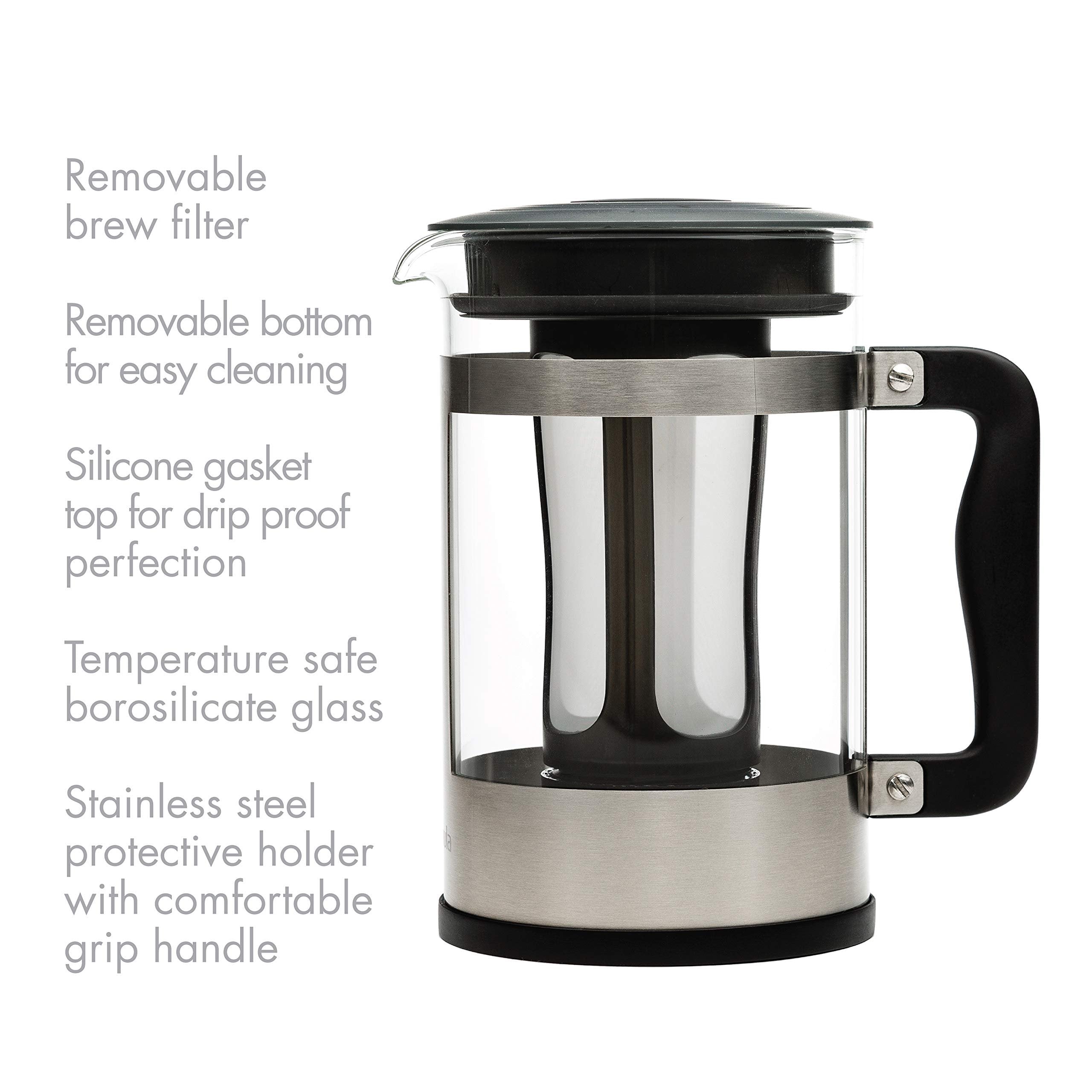 Primula Kedzie Deluxe Cold Brew Iced Coffee Maker Comfort Grip Handle, Durable Glass Carafe, Removable Mesh Filter, 6 Cup, Brushed Stainless Steel