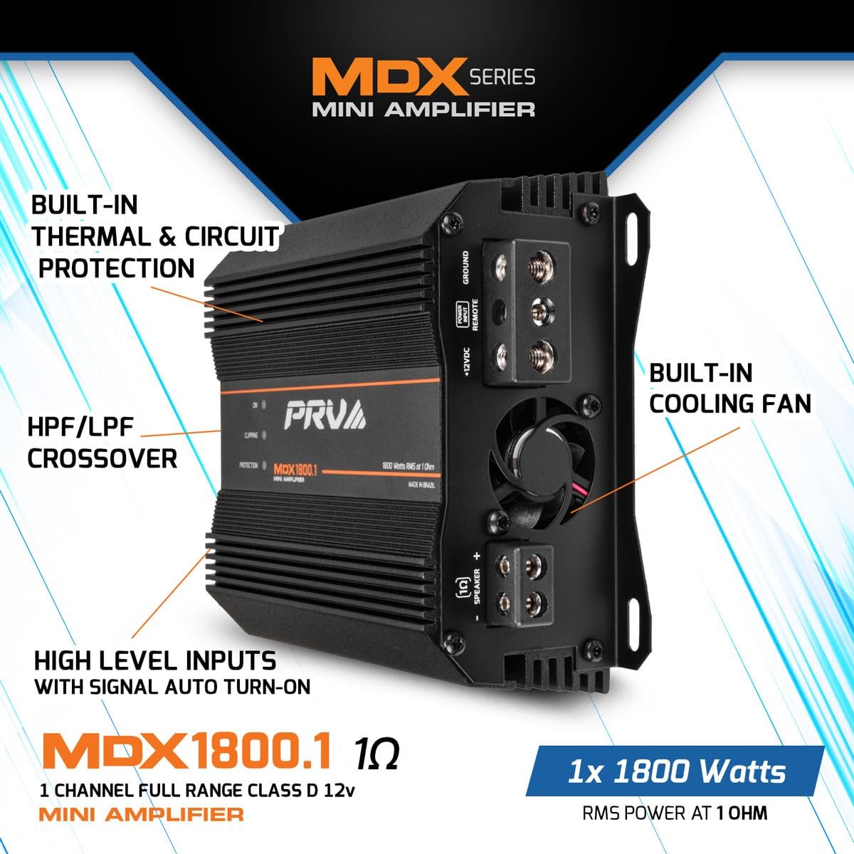PRV Audio MDX1800.1 1 Ohm Mini Car Audio Amplifier 1 Channel 1800 Watts RMS Ultra Compact Full Range Monoblock Class D Amp for Powersports, Motorcycles, ATV, for High Power Loudspeaker Systems