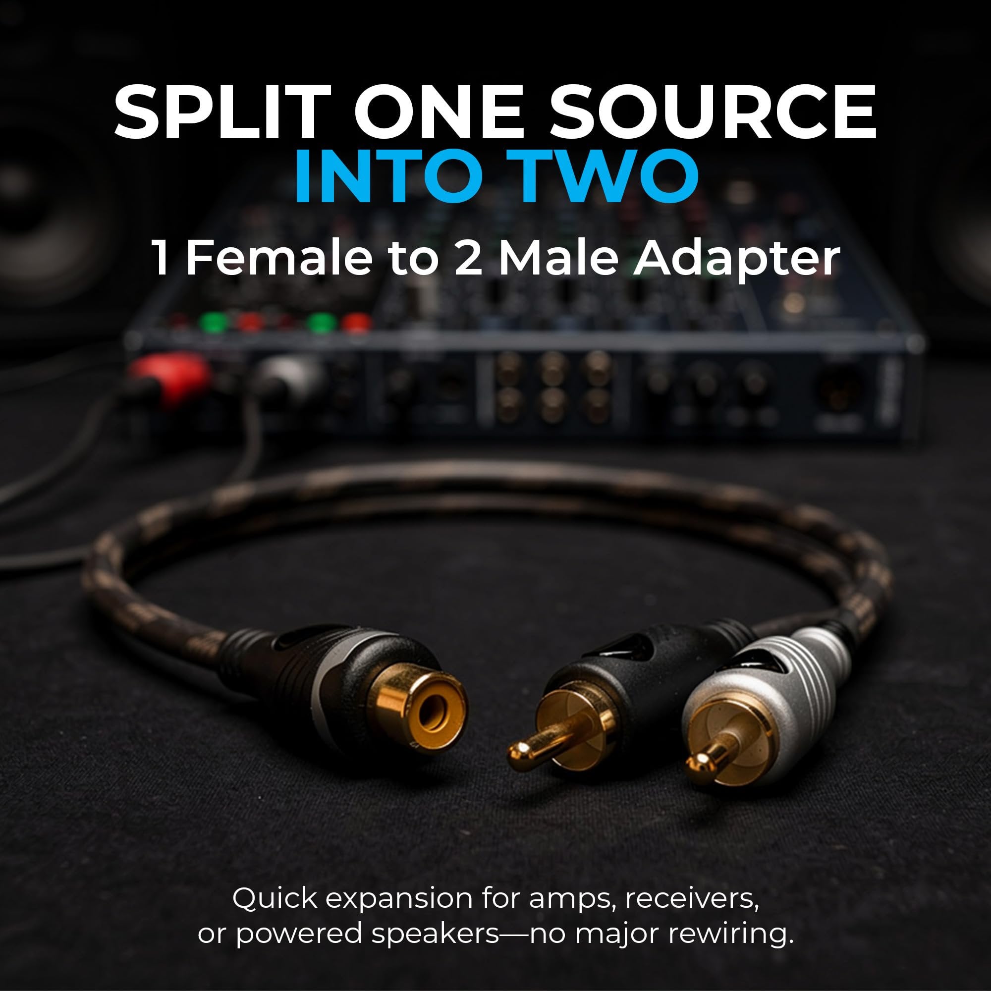 DEEJAY LED RCA Splitter Y Cable, 1 Female to 2 Male Adapter, Twisted Pair OFC Conductors, Soft-Touch Flexible Jacket, EMI Noise Reduction, Secure Spring Grip, Car & Home Stereo AV RCA Y Splitter