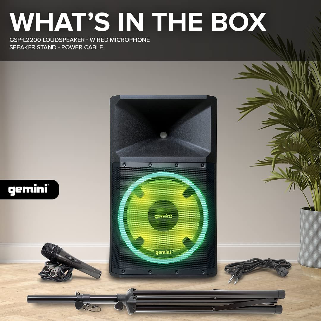 Gemini Sound GSP-L2200PK Indoor 2200 Watt Peak Bi-Amped Wired AC Powered Bluetooth DJ Speaker with 15" Inch Woofer, LED Party Lights, Built in Media Player, and Included Microphone and Speaker Stand