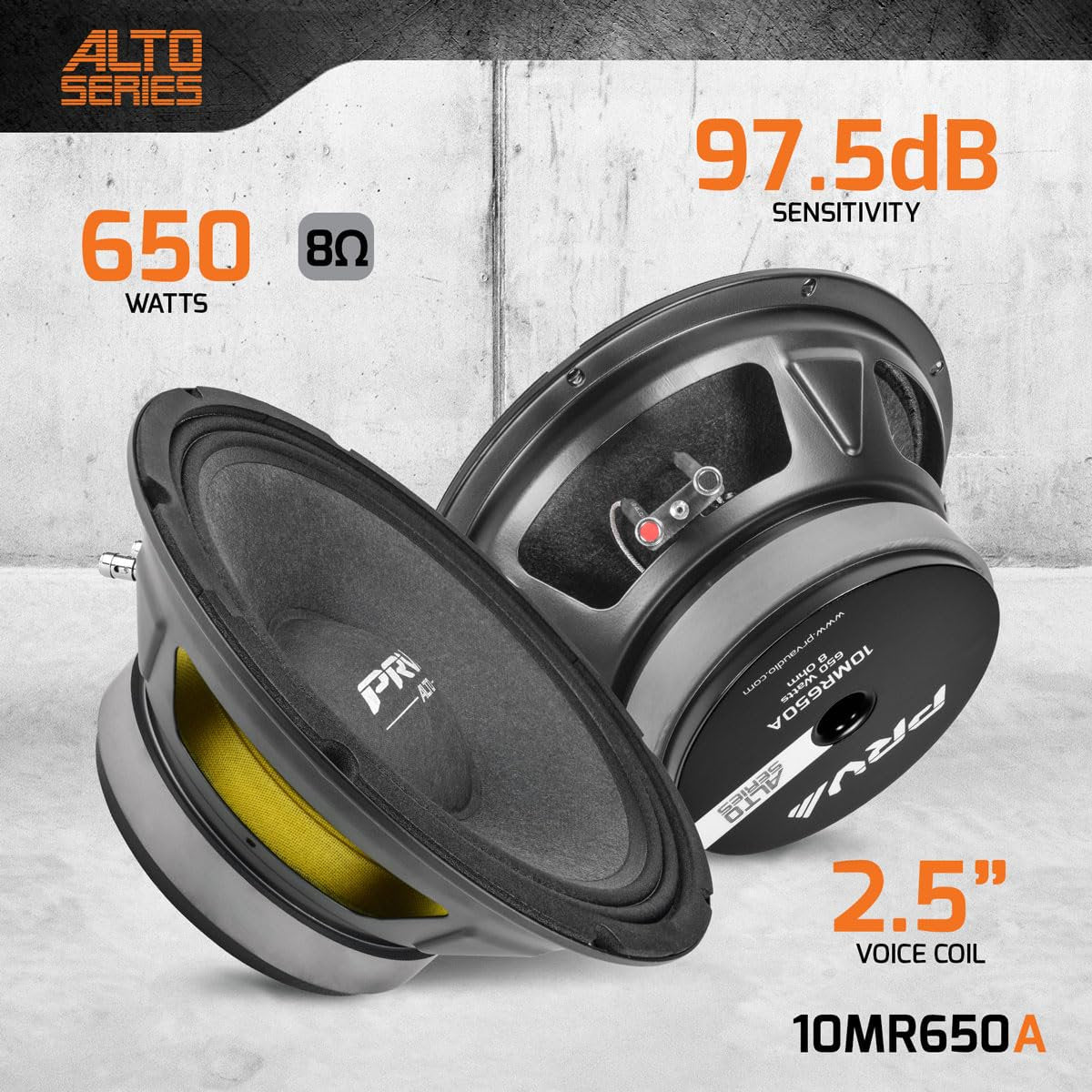 PRV AUDIO 10MR650A 10 Inch Midrange Speaker, 8 Ohm, 650 Watts, 97.5 db, 2.5 in Voice Coil Alto Series PRO Audio Mid Range Loudspeaker (Single)
