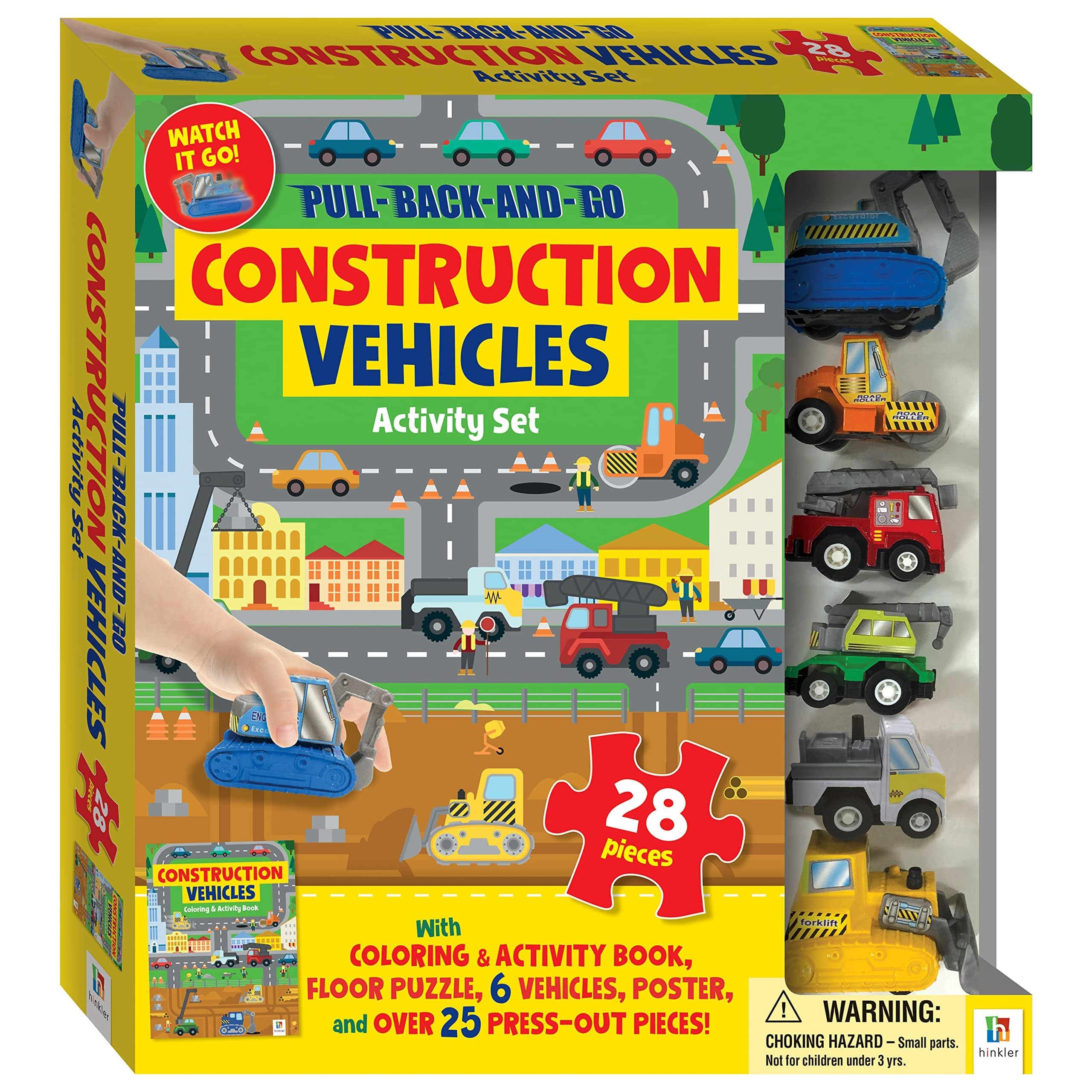 Hinkler Pull-back-and-go: Construction - 28-piece Floor Puzzle - Play Mat - Coloring and Activity Book - 6 Pull and Go Cars - Activity Set for Kids Aged 3 to 6