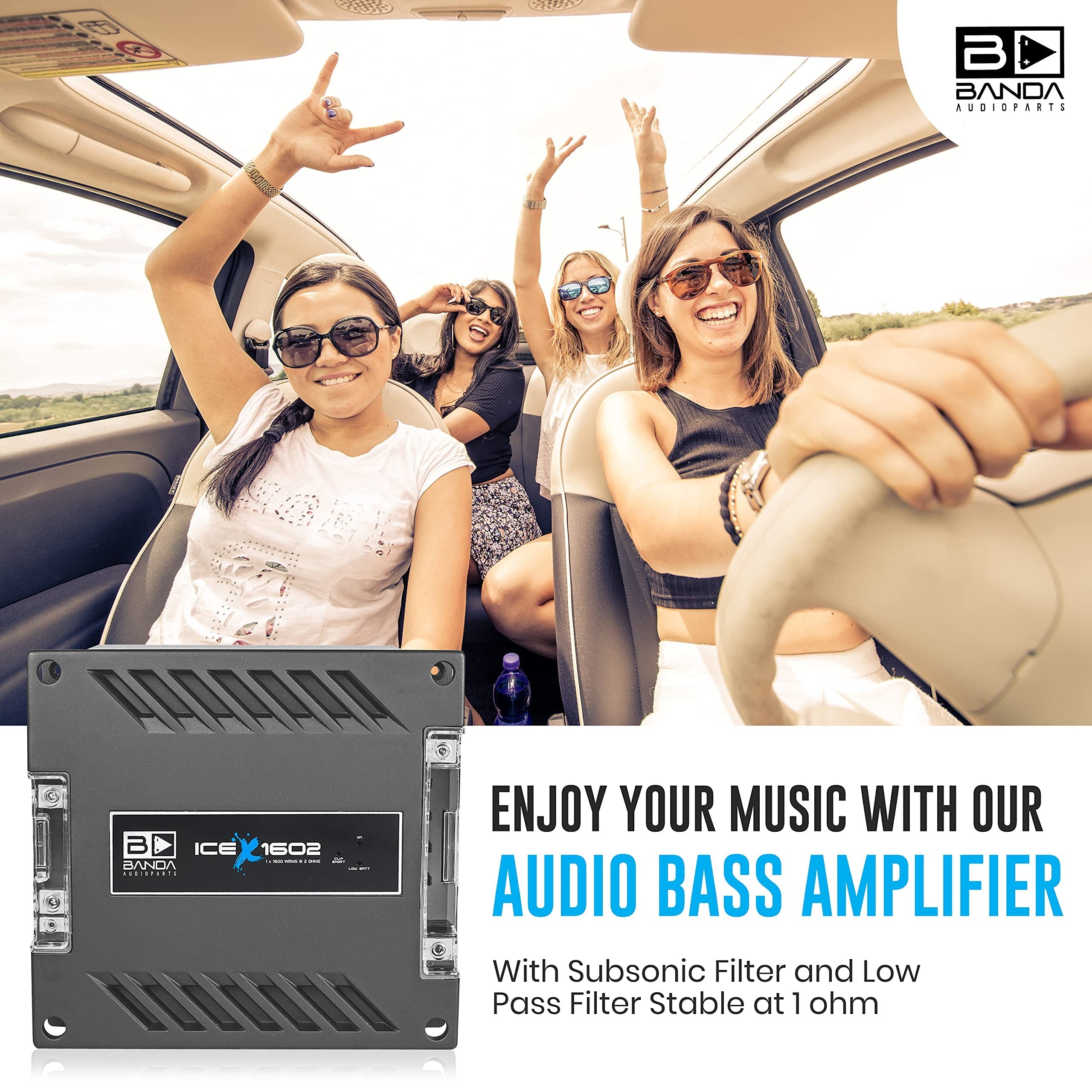 1-Channel Vehicle Audio Bass Amplifier - 1900 Watts High-Powered Mono Bass Amplifier w/Subsonic Filter and Low Pass Filter Stable at 2 ohms, LED Indicators, Sound Specialization - BANDA ICEX1602