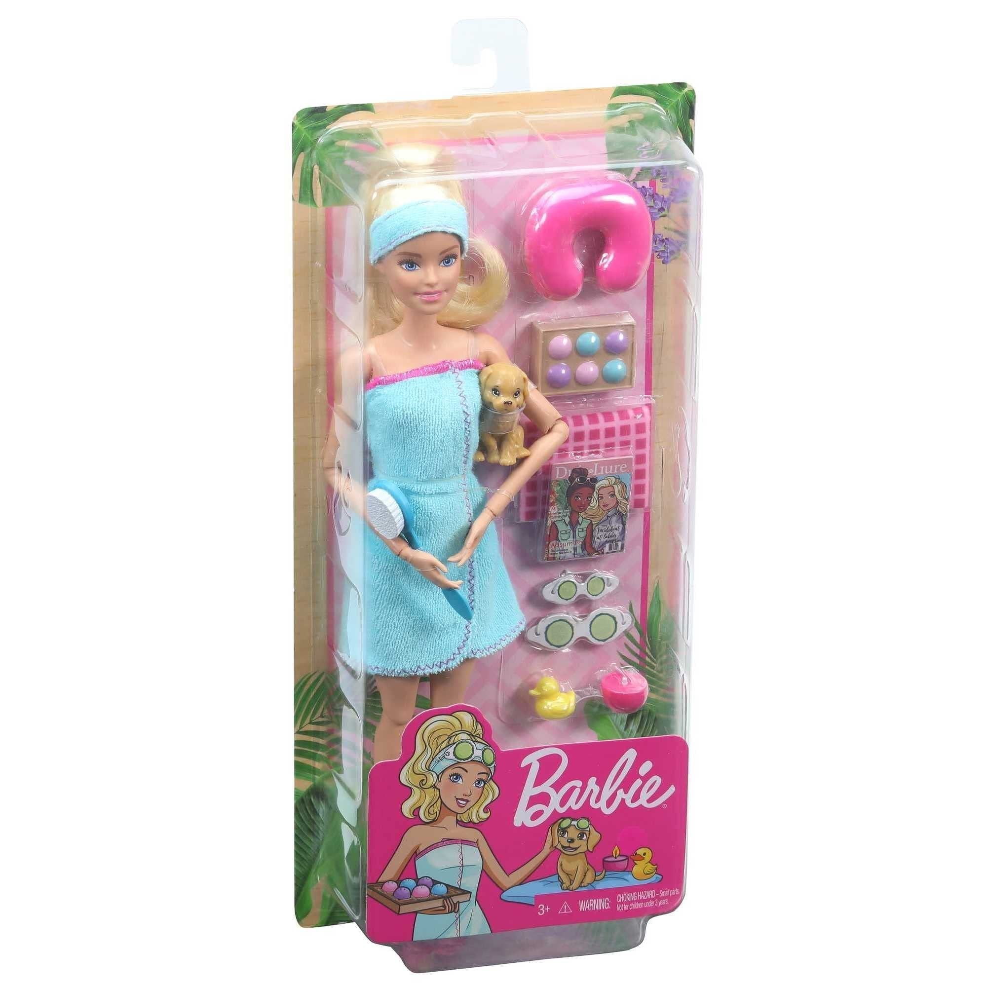 Barbie Spa Doll & Playet with Puppy & 9 Accessories Including Rubber Duck & Cucumber Eye Masks, Blonde Fashion Doll in Wrap Towel