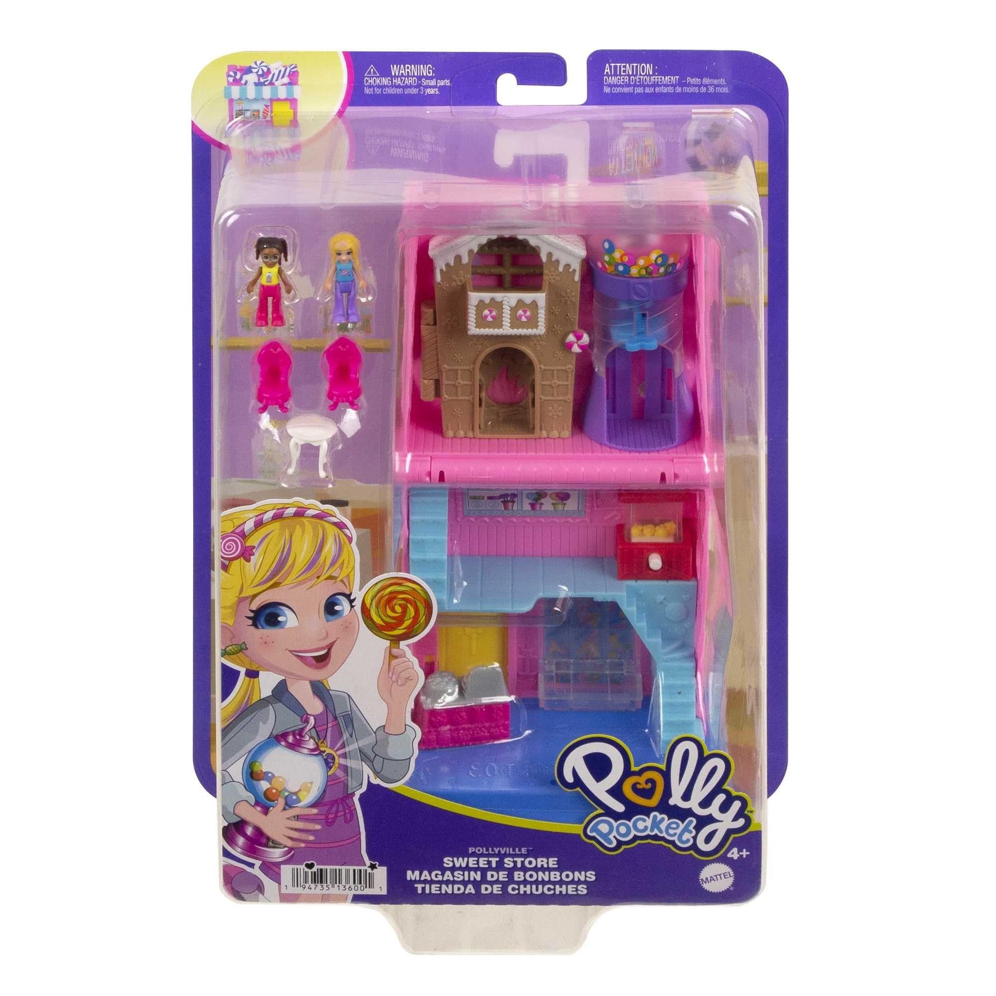 Polly Pocket Pollyville Sweet Store Dolls and Playset, Mini Toys with 2 Micro Dolls and 3 Accessories, HNB03