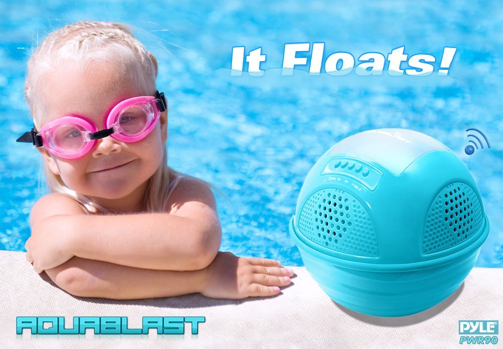 Pyle PWR90DBL Aqua Blast Waterproof Bluetooth Floating Pool Speaker System with Built-In Rechargeable Battery and Wireless Music Streaming