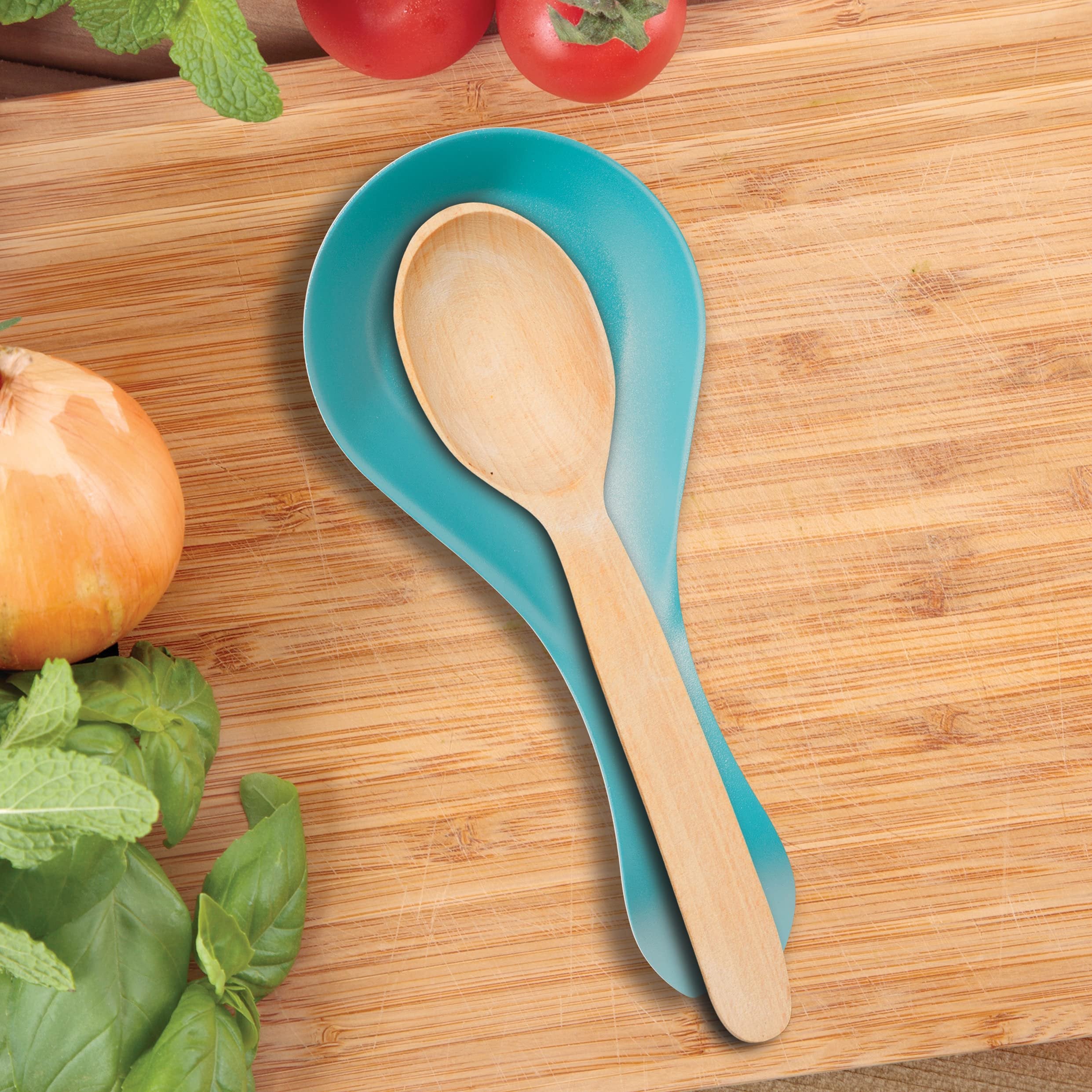 OGGI Stainless Steel Spoon Rest- Long Handle Holds Kitchen Utensils in Place, Great Spoon Rest for Kitchen Counter, Stove Top, or Coffee Station; Kitchen Accessories, Utensil Rest, Turquoise