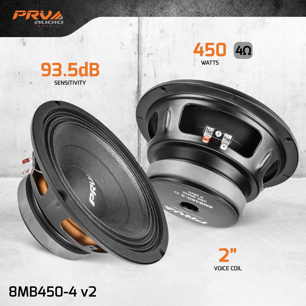 PRV AUDIO 8MB450-4 v2 8" Mid Bass Speaker 4 Ohm Pro Audio Speaker 93.5dB 450 Watts 2" Voice Coil (Single)