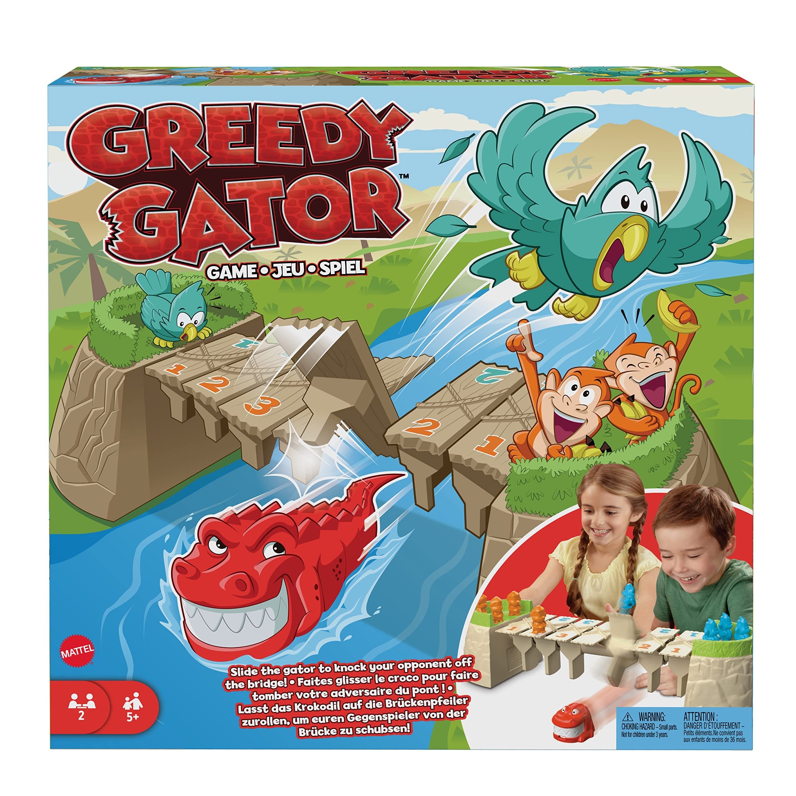 Mattel Games Greedy Gator 2-Player Kids Game for Game Nights & Parties, Get Monkeys Across The Bridge First with Rolling Alligator