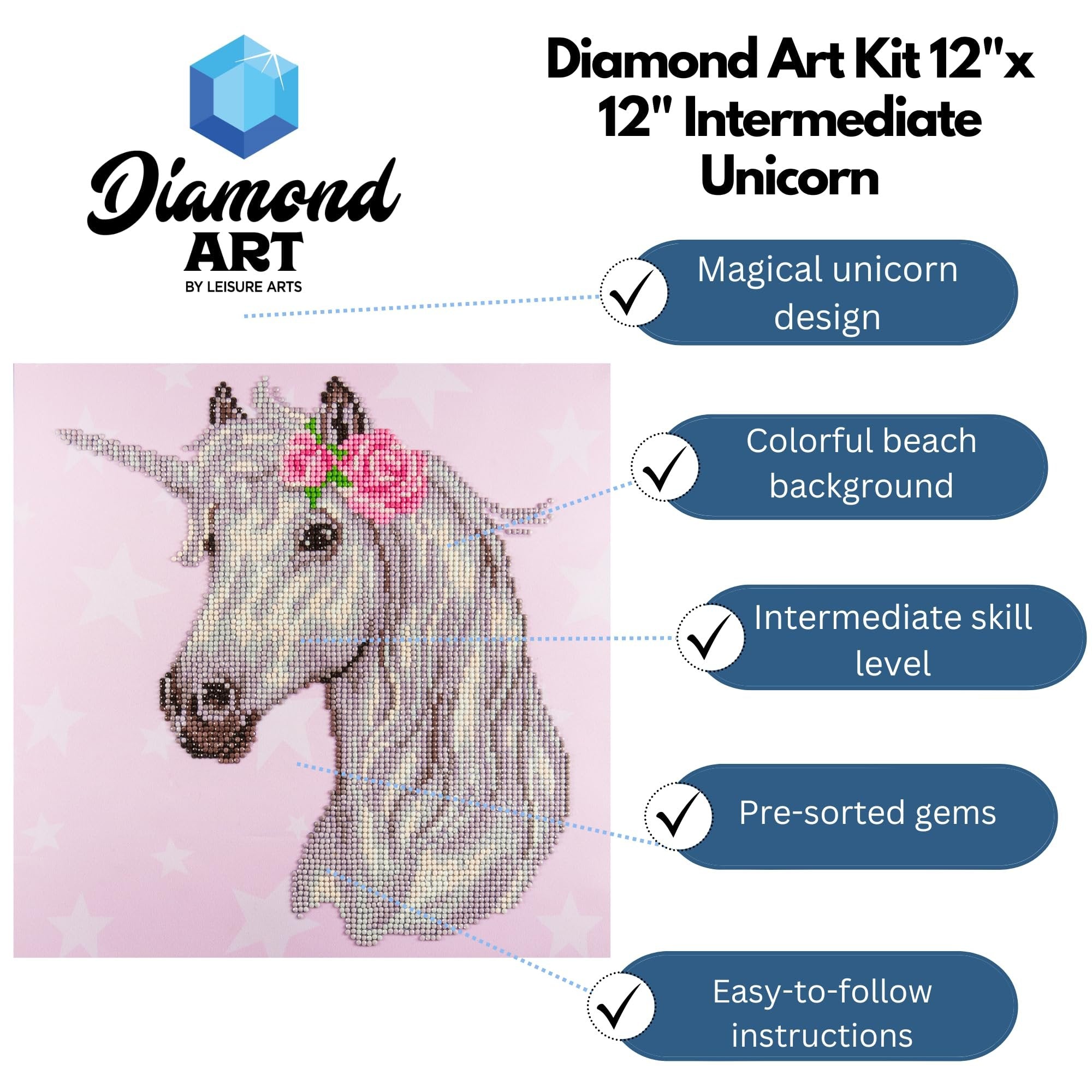 Leisure Arts DAK Diamond Art Kit 12x12 Intermediate Unicorn, None