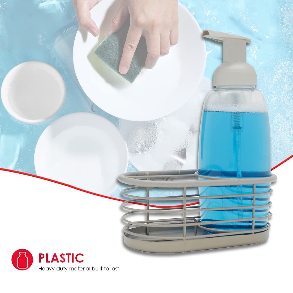 13.5 oz Capacity Refillable Plastic Bottle with Open Wire Caddy for Bathroom or Kitchen by Home Basics | Clear Soap Dispenser for Easy Refills | Storage Space for a Sponge