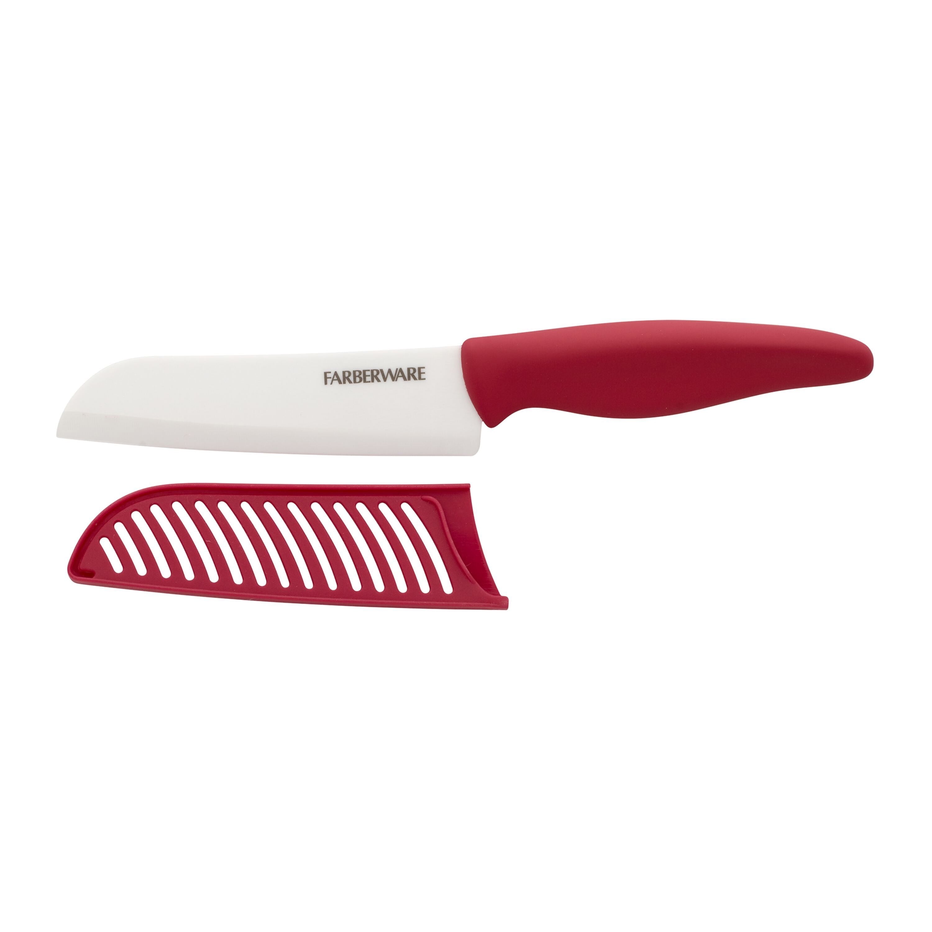 Farberware Professional 5-inch Ceramic Santoku Knife with Red Blade Cover and Handle