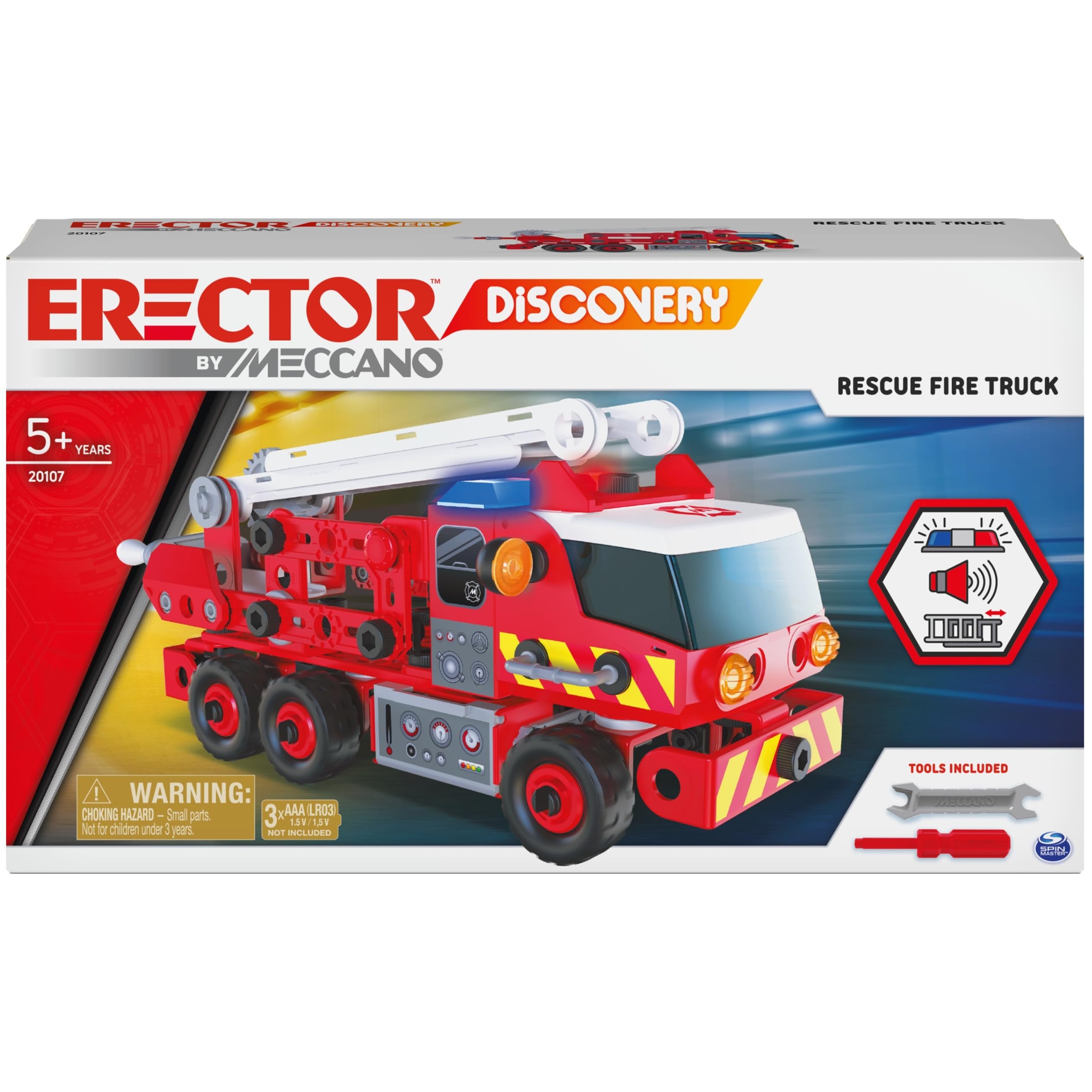 Meccano Fire Truck Toy Model Car Kit (152 pcs): Battery-Powered Siren Sound, Lights & Swiveling Ladder (Ages 5+) STEAM Vehicle Building Set with 2 Kid Construction Tools, 150 Snap-in Parts & Stickers