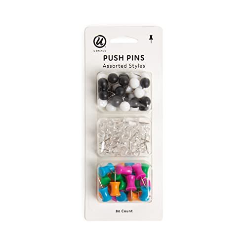 U Brands Push Pins Variety Pack, Office Supplies, with Round Pins, Clear Pins, Assorted Styles, 80 Count