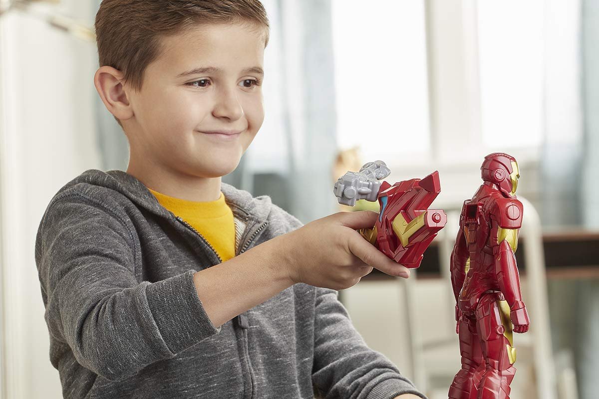Avengers Marvel Titan Hero Series Blast Gear Iron Man Action Figure, 12-Inch Toy, with Launcher, 2 Accessories and Projectile, Ages 4 and Up, Red