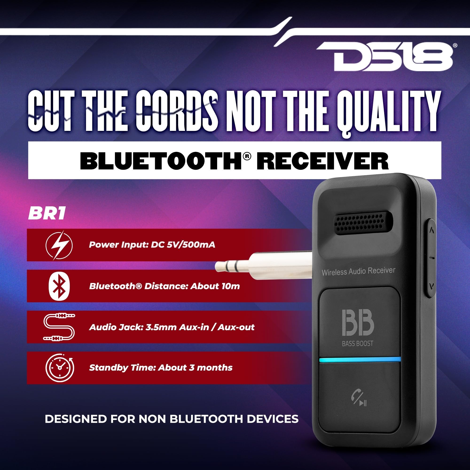 DS18 BR1 Wireless Bluetooth 5.3 Receiver for Car, Home, TV, PC, Headphones - Noise Cancelling, Hands-Free Call, Siri/Google Compatible, Audio Adapter 3.5mm Aux, Bluetooth Music Receiver