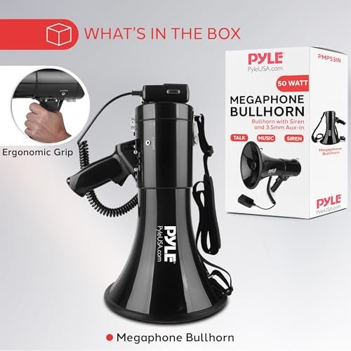 Pyle Megaphone Speaker PA Bullhorn with Built-in Siren 50 Watts & Adjustable Volume Control Ideal for Football, Baseball, Hockey, Cheerleading Fans & Coaches or for Safety Drills - PMP53IN