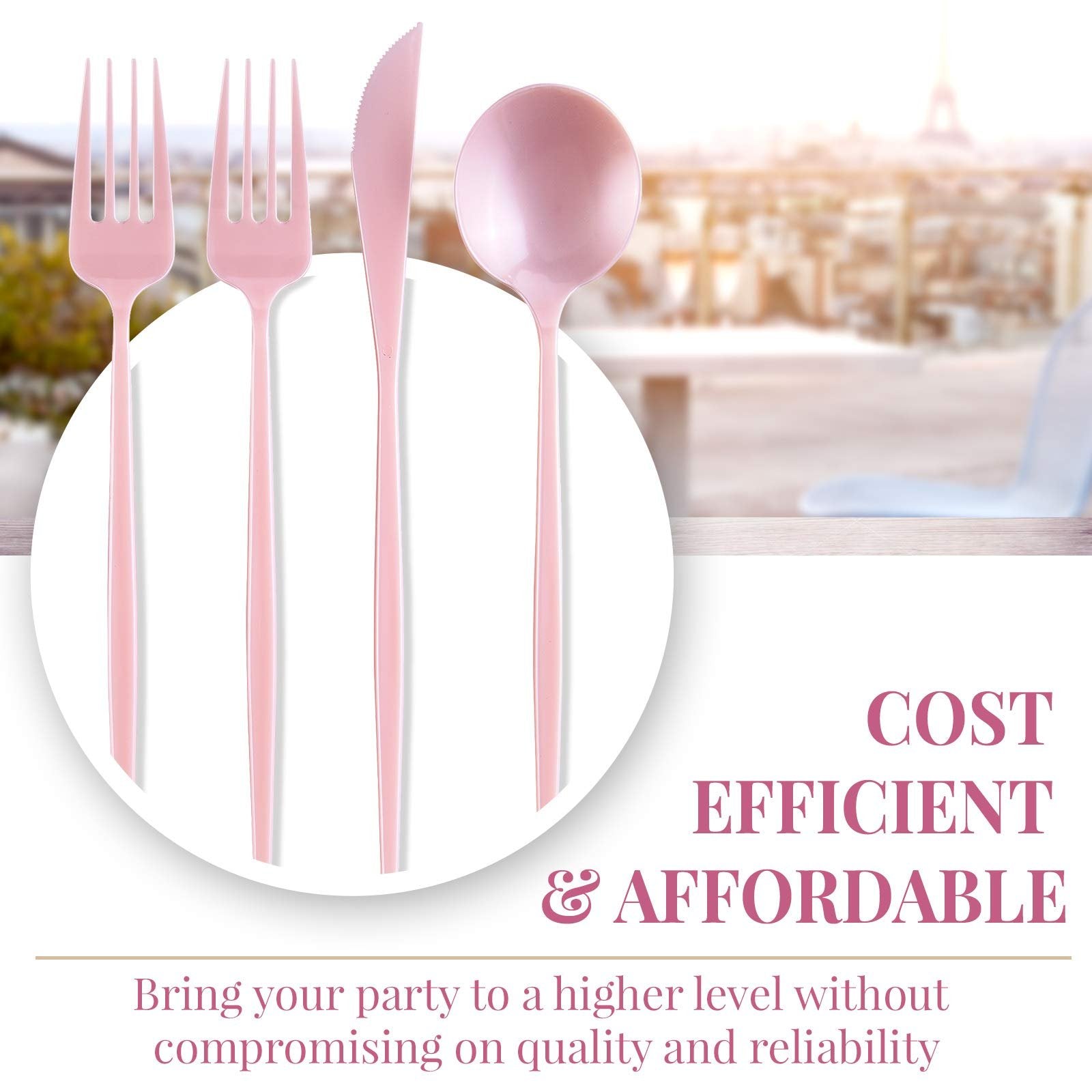 SILVER SPOONS Pink Disposable Cutlery (80 PC) Heavy Duty Plastic Silverware Set, Includes: 40 Salad Forks, 20 Soup Spoons and 20 Dinner Knives, Disposable Flatware for Upscale Wedding and Dining