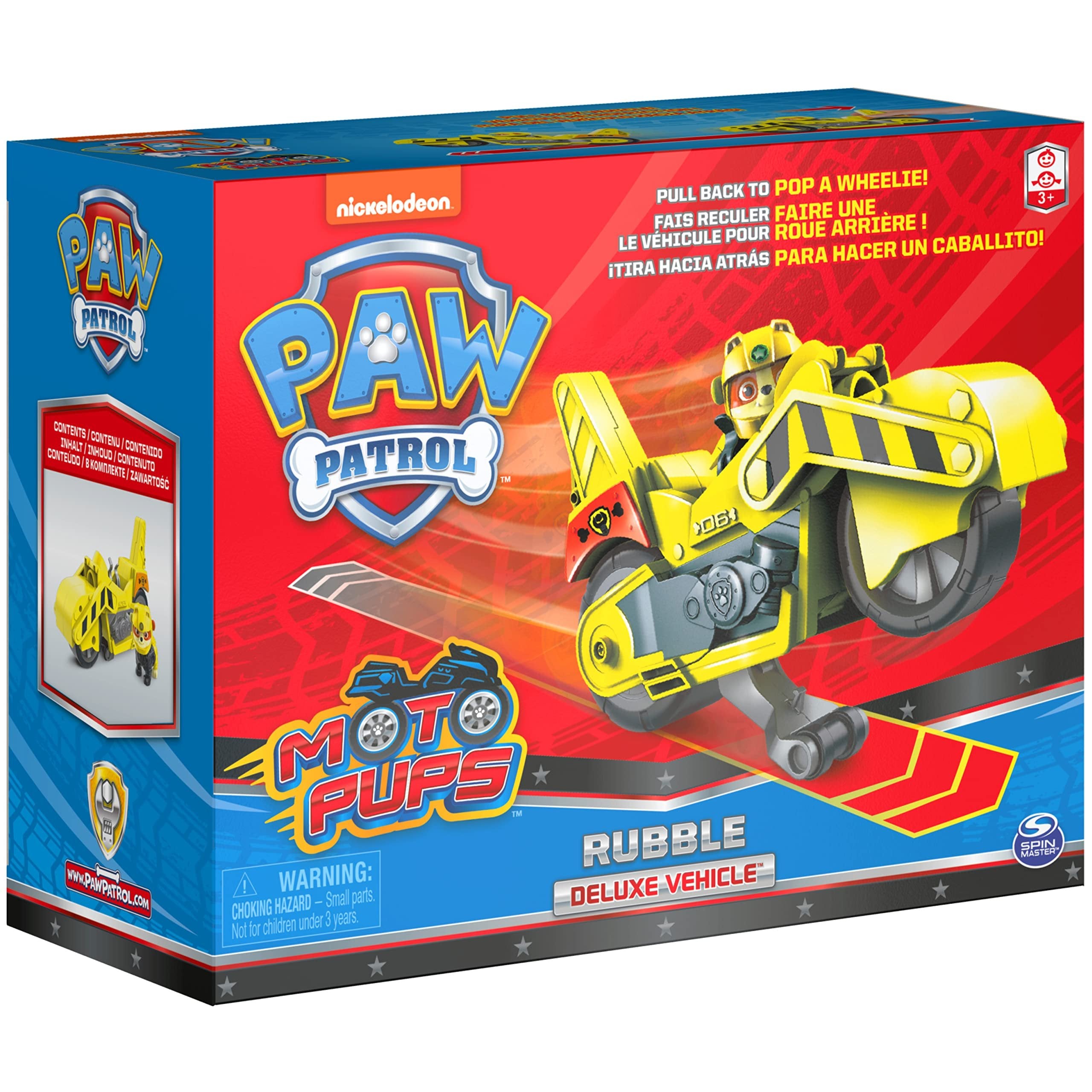 Paw Patrol, Moto Pups Rubble’s Deluxe Pull Back Motorcycle Vehicle with Wheelie Feature and Toy Figure