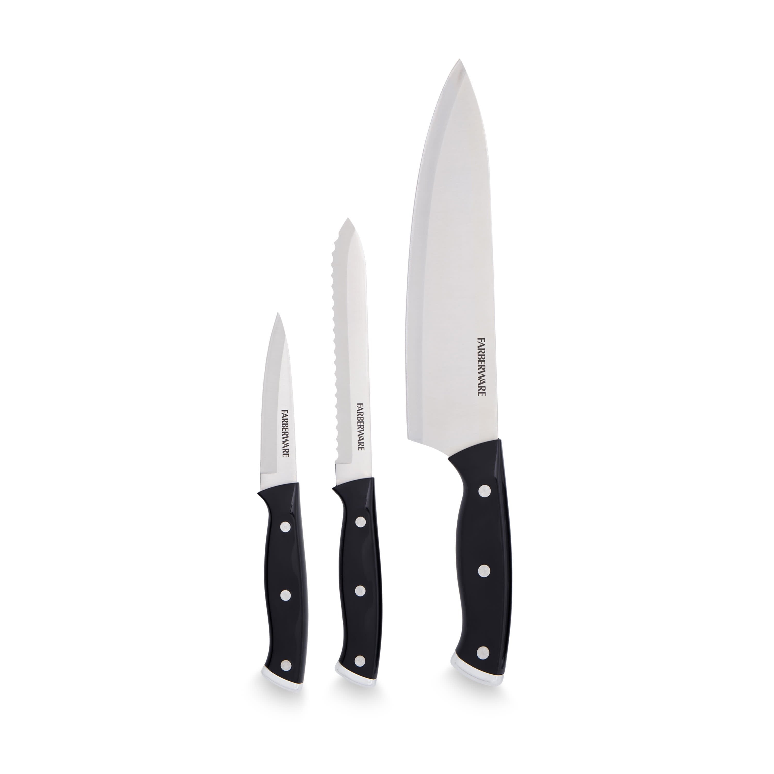 Farberware Classic 3 Piece Triple Riveted Knife Set Stainless Steel Black Handle