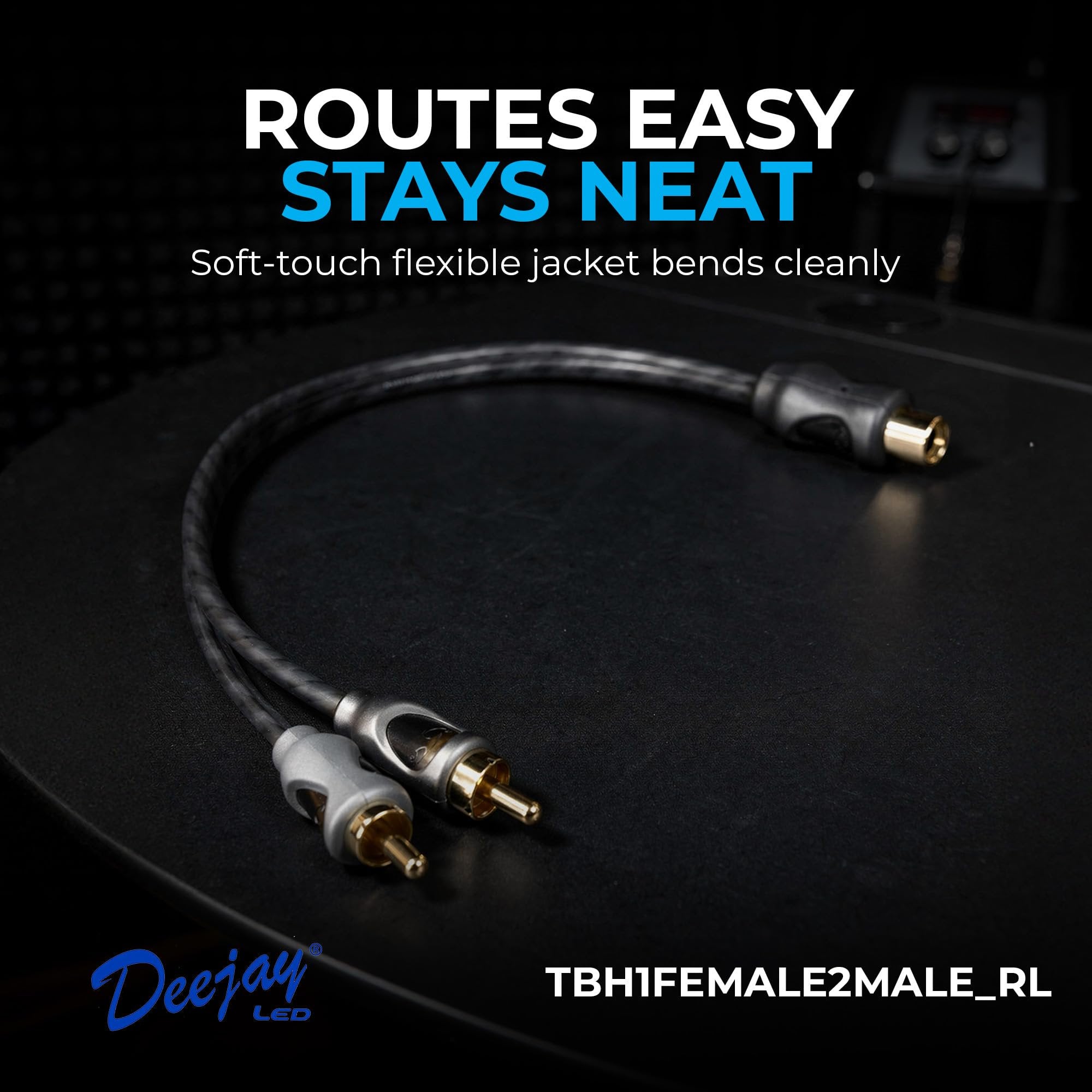 DEEJAY LED RCA Splitter Y Cable, 1 Female to 2 Male Adapter, Twisted Pair OFC Conductors, Soft-Touch Flexible Jacket, EMI Noise Reduction, Secure Spring Grip, Car & Home Stereo AV RCA Y Splitter