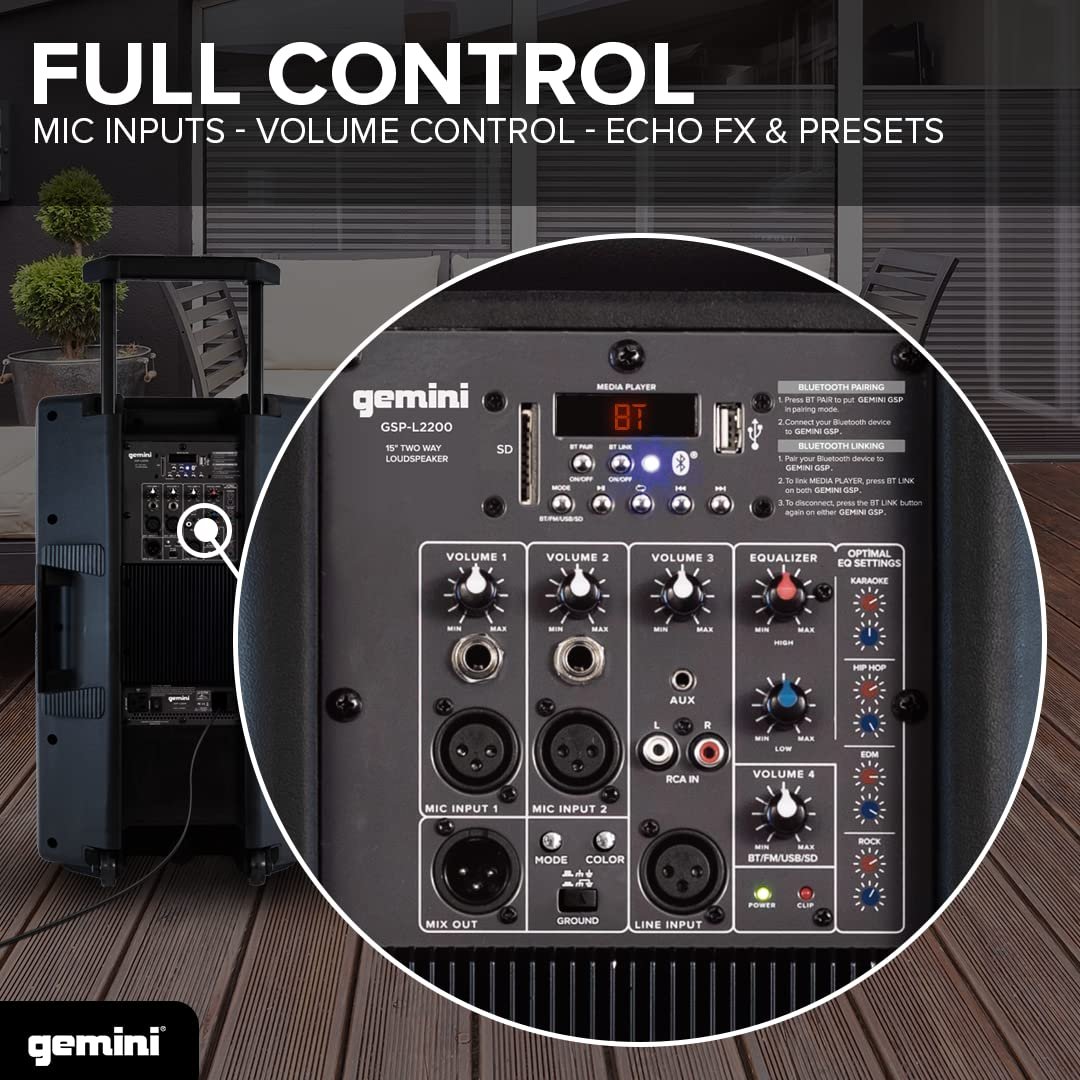 Gemini Sound GSP-L2200PK Indoor 2200 Watt Peak Bi-Amped Wired AC Powered Bluetooth DJ Speaker with 15" Inch Woofer, LED Party Lights, Built in Media Player, and Included Microphone and Speaker Stand