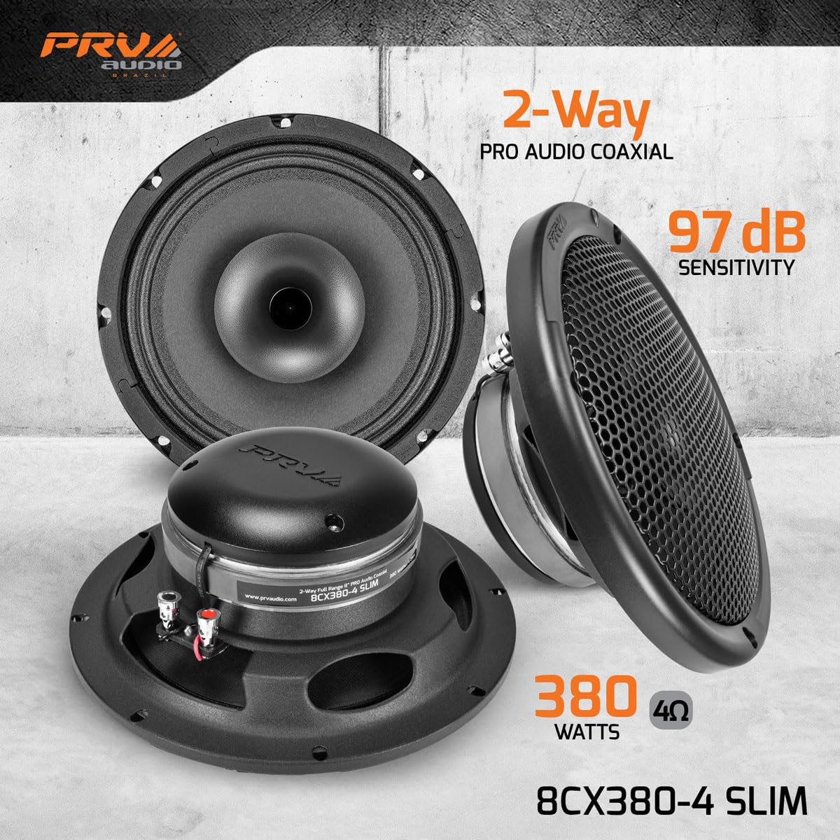 PRV AUDIO 8" Shallow Coaxial Car Audio Speaker 8CX380-4 Slim Loudspeaker with Built-in Tweeter Driver and Grill Included 380 Watts 4 Ohm (Single)