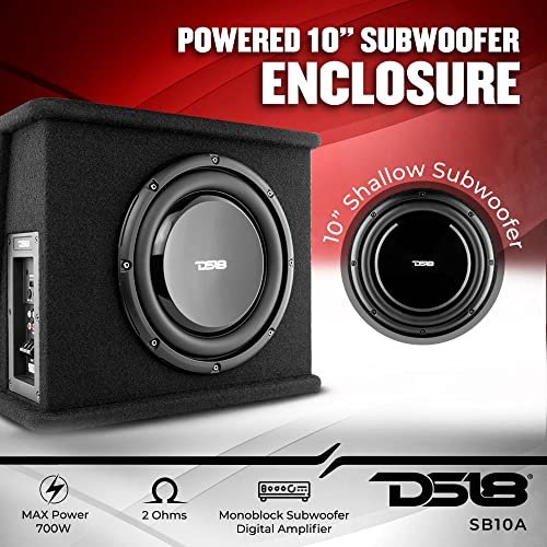 DS18 SB10A 10" Shallow Subwoofer Enclosure with Built in Amplifier – Car Audio All in One Amplifier and Subwoofer Bass Package 700 Watts Power – Great Stealth Car Subwoofer in Box with Amp