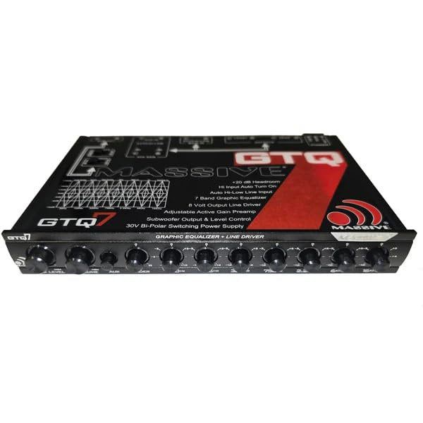 Massive Audio GTQ7 | 7-Band Car Audio Graphic Equalizer – in-Dash 7V Line Driver, Adjustable Subwoofer Crossover, Dual RCA Inputs, High/Low Fader Control for Precision Sound Tuning