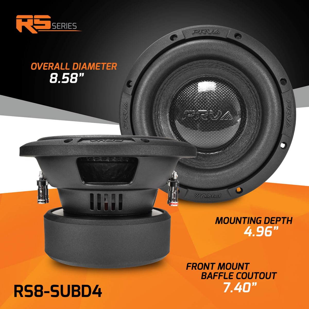PRV AUDIO 8" Sub D4 1000 Watts Max Power Dual 4 Ohm, 14.5 mm Xmax, RS8-SUBD4, 2.4 in Voice Coil, 8 Inch Car Subwoofer Deep Low Tones for Car, Pickup Trucks Audio Systems (Single)